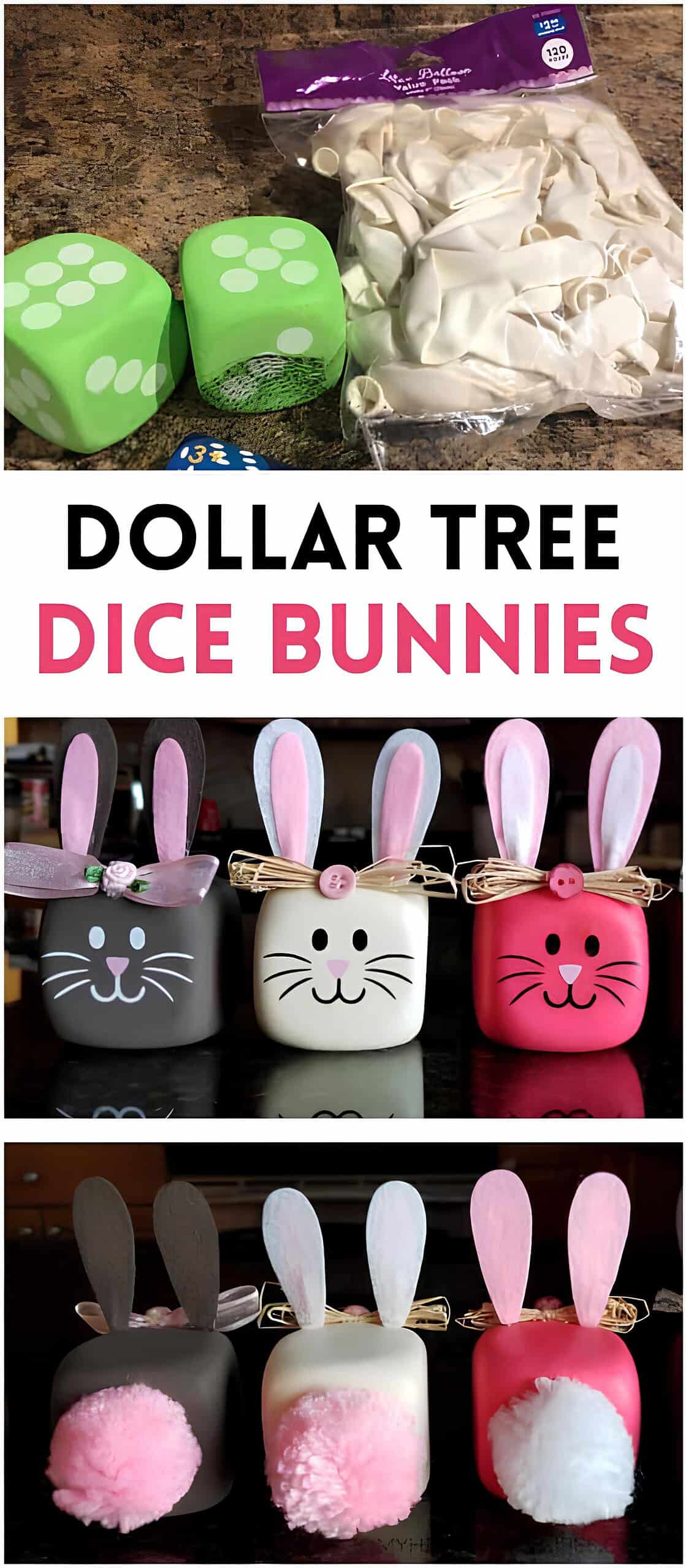 3. Dollar Tree Dice Easter Bunnies DIY Dollar Tree dice bunnies made from foam dice and white balloons, transformed into Easter bunny decorations with painted faces, felt ears, bows, and fluffy pom-pom tails – budget-friendly Easter craft idea for kids.