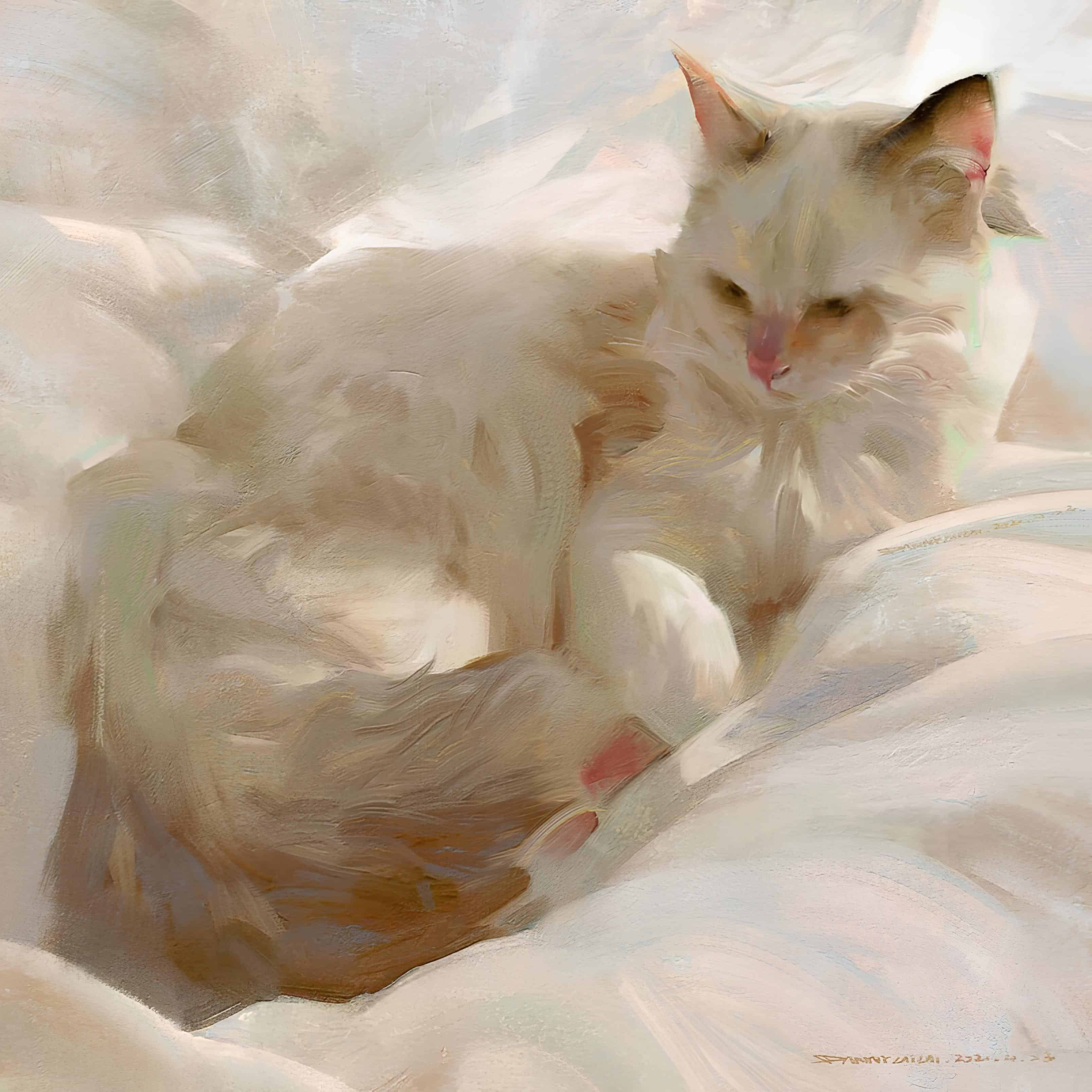 Fluffy White Cat Lying on Bed Soft oil-style painting of a white cat resting on cozy bedding