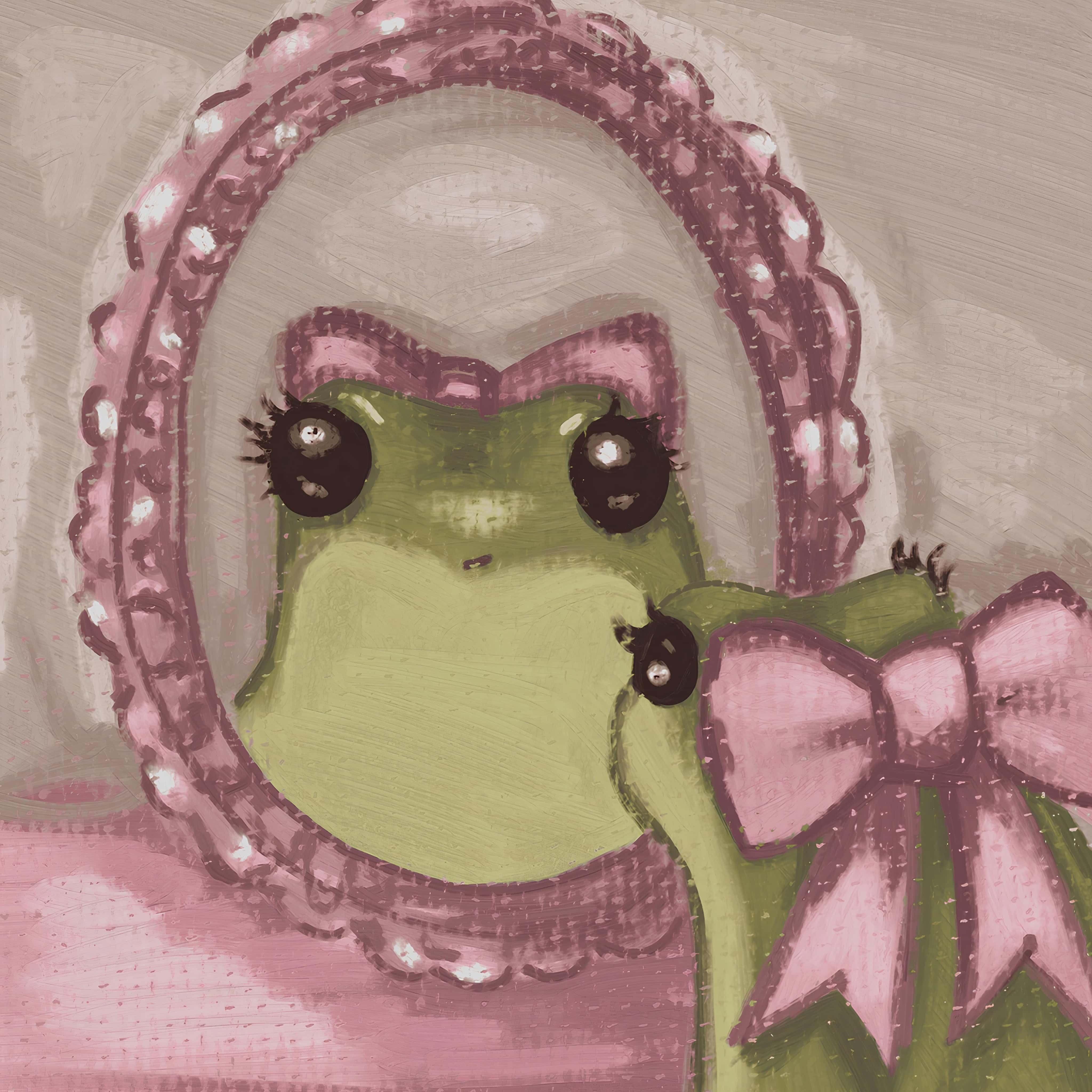 Frog Looking in Pink Mirror Cute green frog wearing a pink bow staring at its reflection in a mirror
