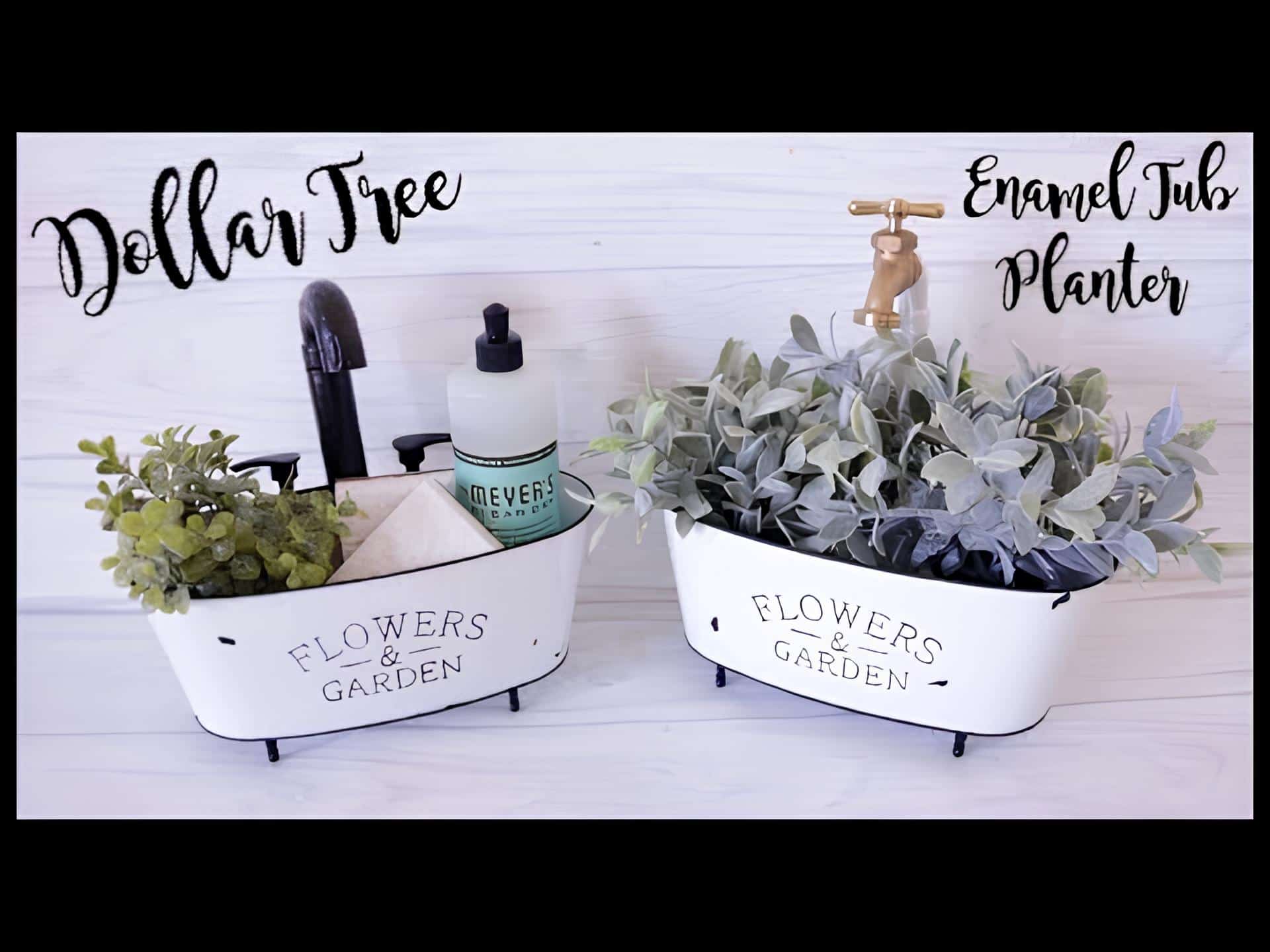 2. Dollar Tree DIY Farmhouse Enamel Tub Planter Dollar Tree enamel tub planters with faux greenery and vintage-style faucet décor, featuring ‘Flowers & Garden’ print – farmhouse-inspired DIY bathroom or kitchen counter organizers.