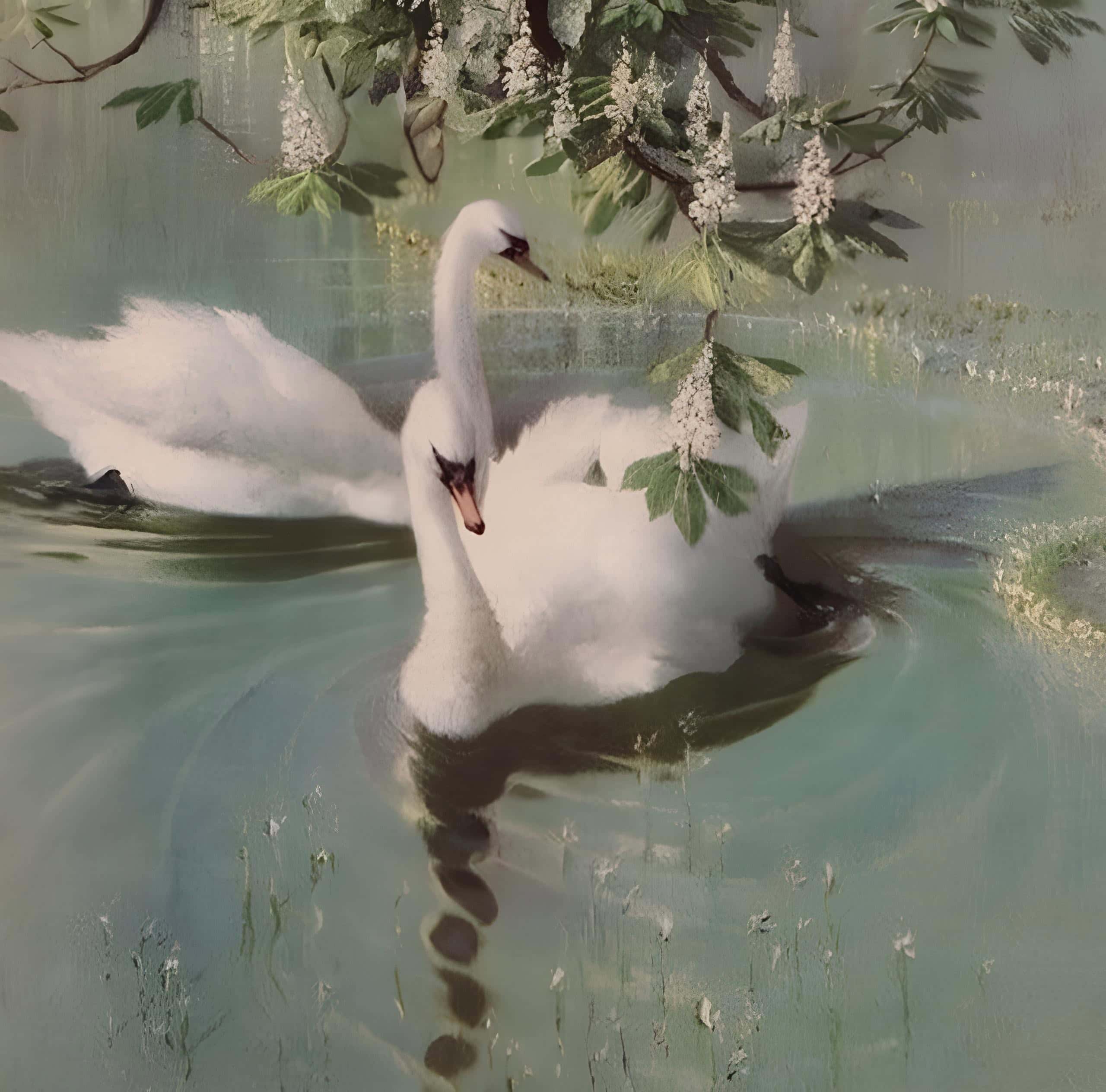 Pair of Swans in Peaceful Lake Two white swans swimming gently under hanging blossoms in a serene green lake