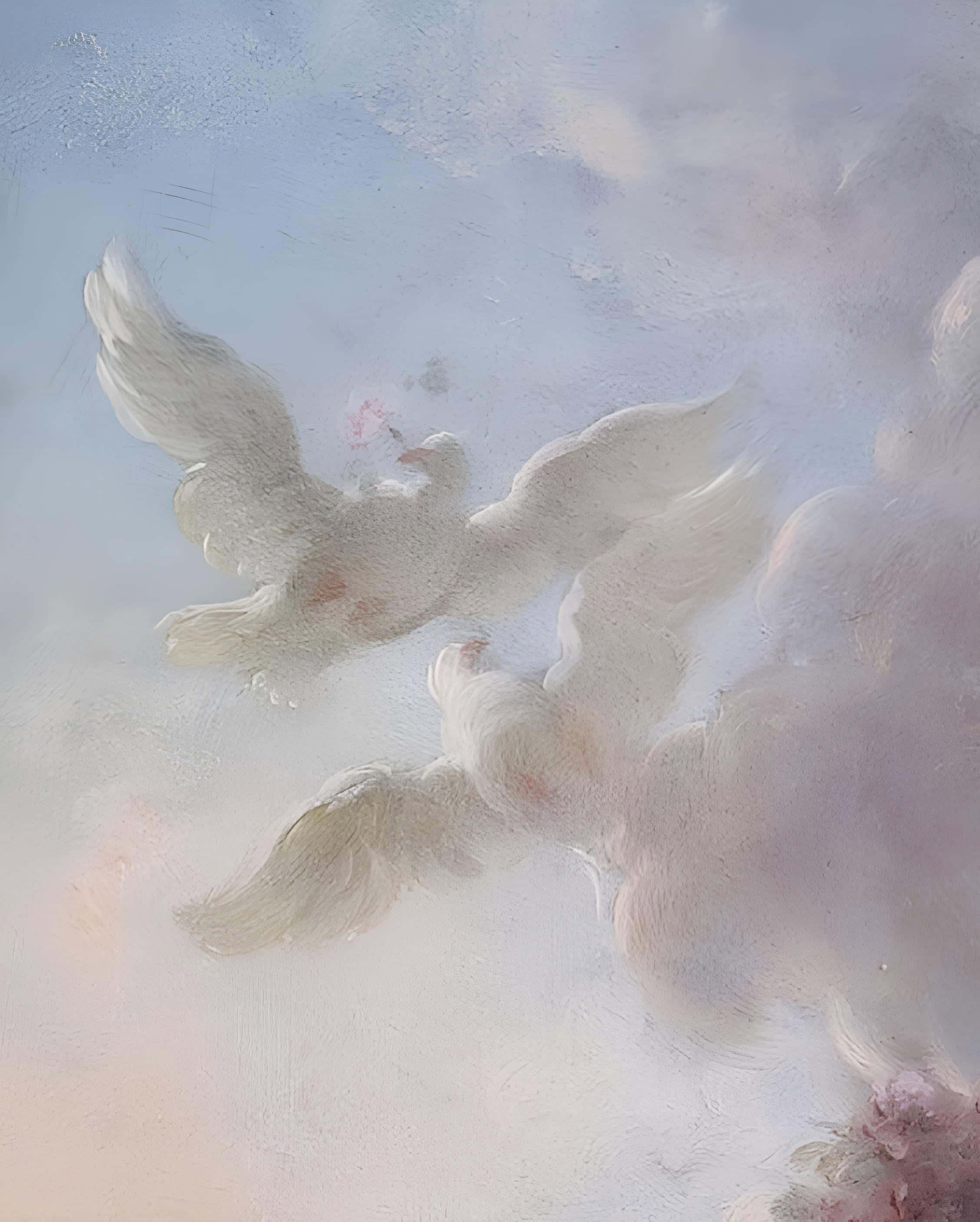 Romantic Doves Flying in the Sky Two white doves soaring through a soft pastel sky surrounded by clouds