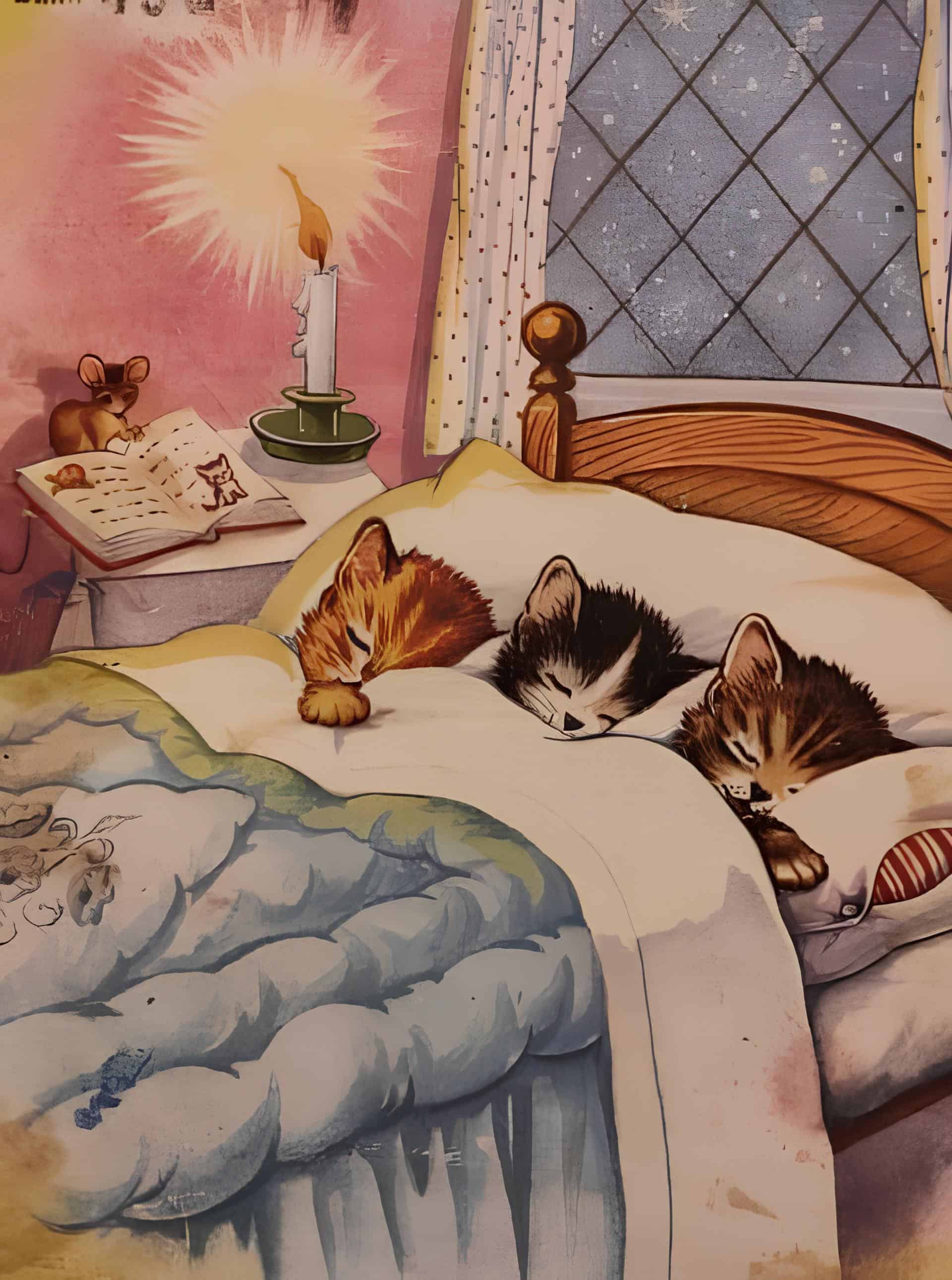Three Kittens Sleeping in Cozy Bed Illustration of three kittens snuggled under blankets beside a candle and storybook