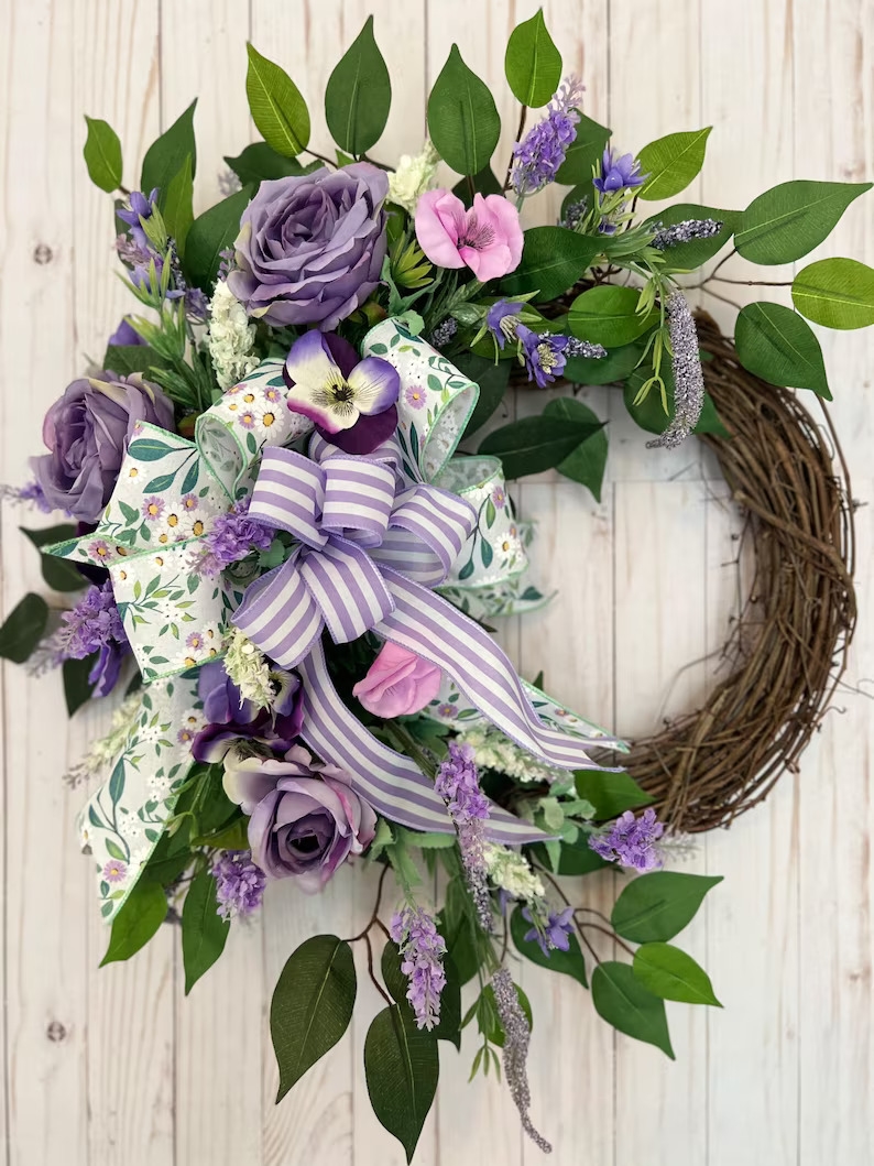 14. Purple roses and pansy wreath for spring 14. Purple roses and pansy wreath for spring