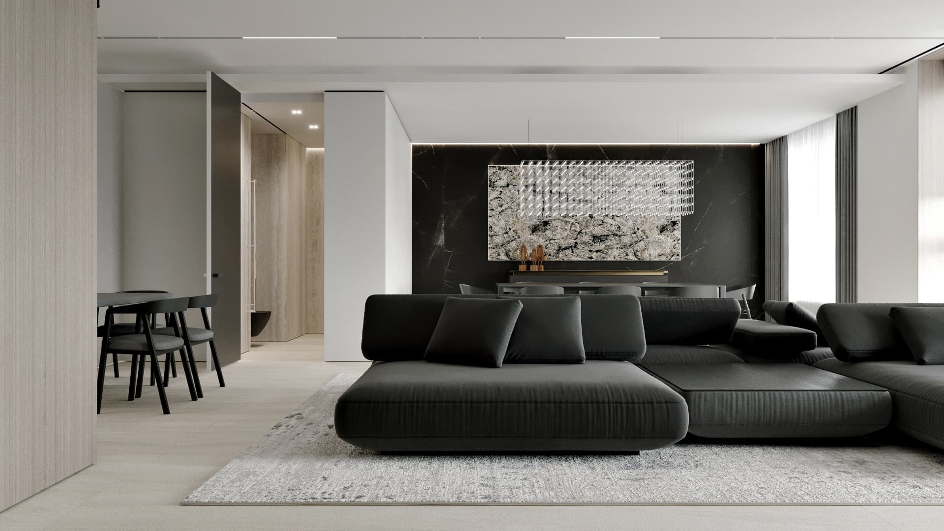 Luxury modern living room interior with sleek black leather sofa, minimalist design, neutral color palette, and contemporary artwork, showcasing high-end architecture art and interior design.