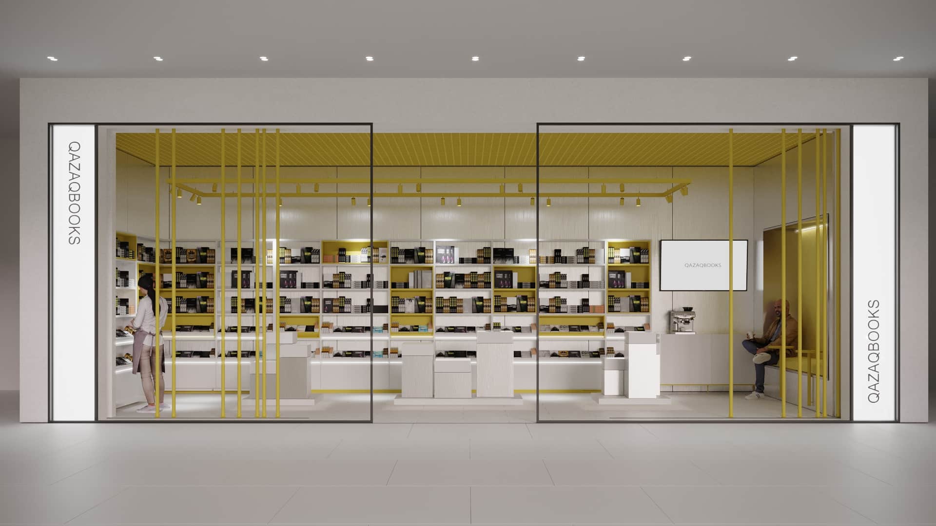 Brightly lit modern bookstore interior with white and yellow accents, sleek shelving, and contemporary design elements showcasing innovative architecture and interior decor.