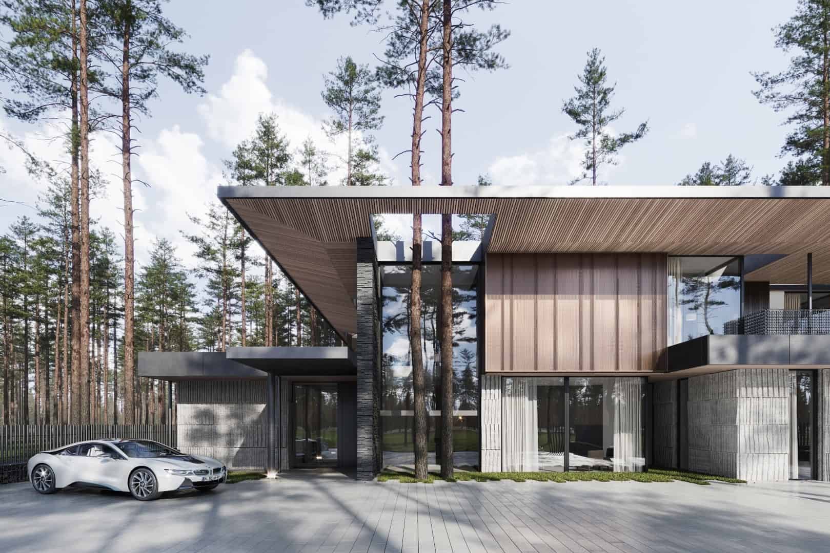 Contemporary modern house with sleek design, large glass windows, and wooden accents nestled in a pine forest setting.