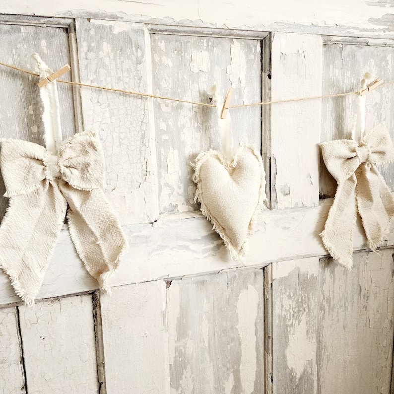 11. Vintage Ivory Grainsack Heart and Bow Hanging Garland 11. Vintage Ivory Grainsack Heart and Bow Hanging Garland