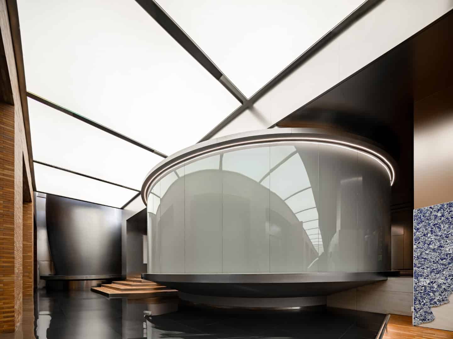 Light as Guide Directional lighting guiding visitors along a linear narrative spine.