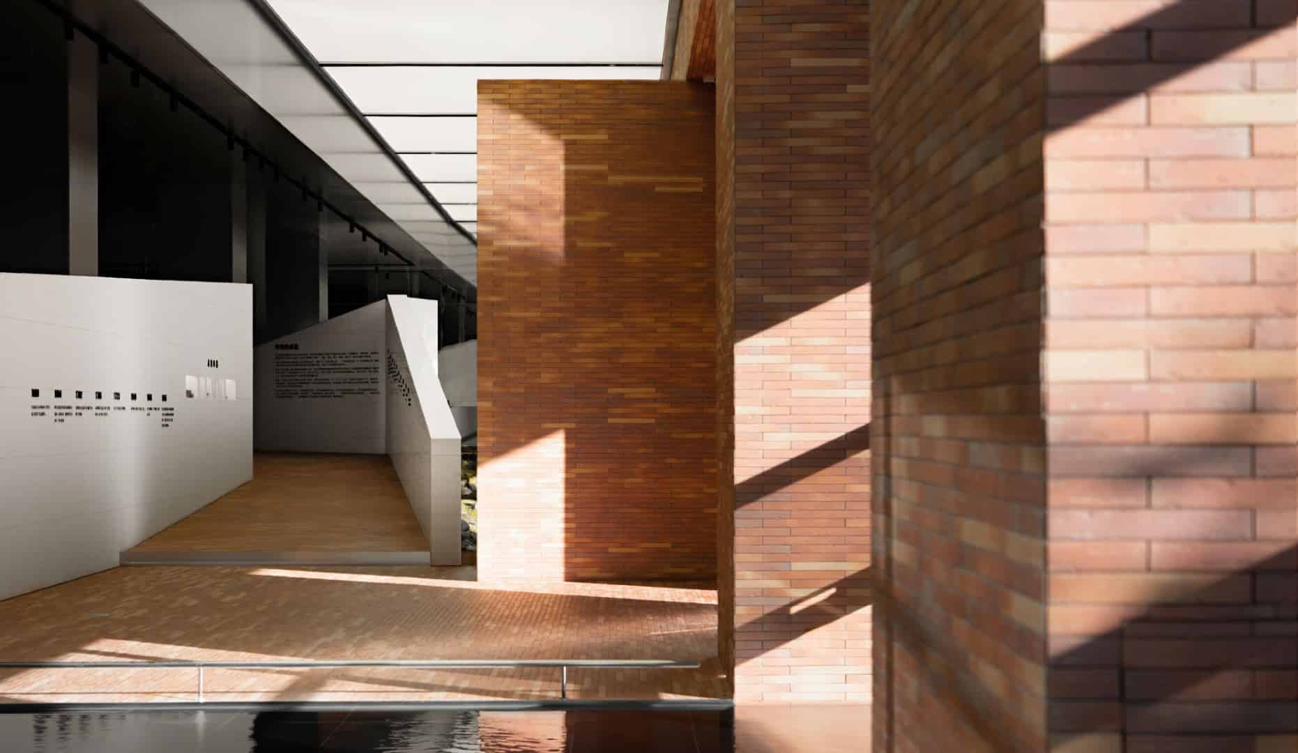 Linear Gallery Long mirrored gallery with integrated displays and directional lighting cues.