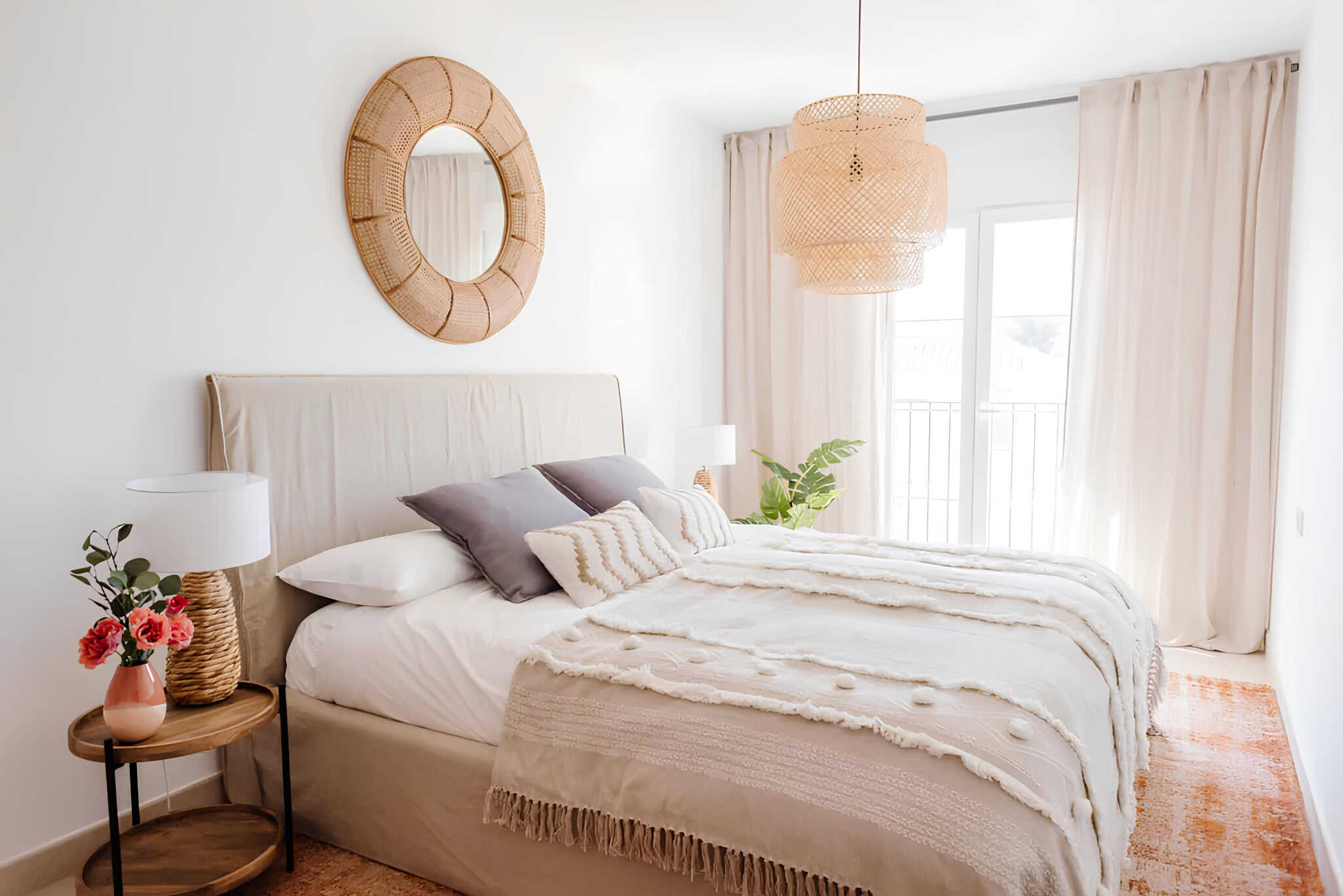 Boho Mediterranean Style Bedroom Bohemian Mediterranean bedroom with rattan decor and soft pastel tones.