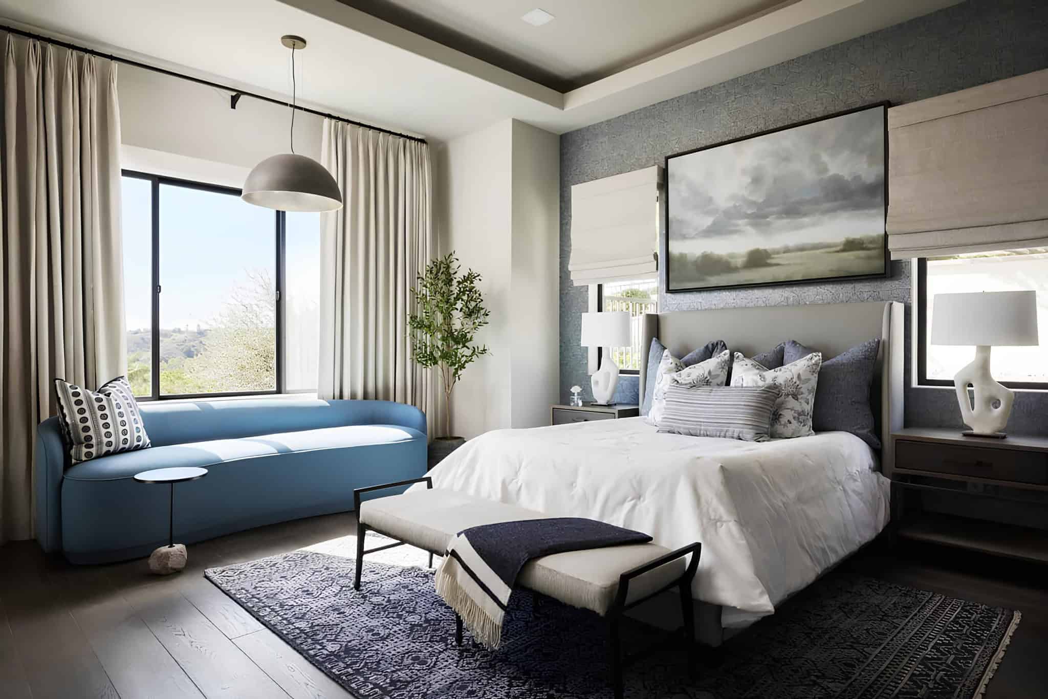 Coto de Caza New Build Bedroom Contemporary Mediterranean bedroom with modern bench and statement wall art.