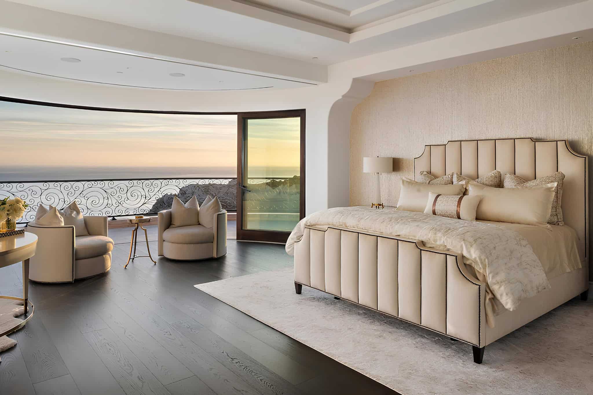 Mediterranean Bedroom Los Angeles Modern Glam Elegant Mediterranean bedroom with ocean view and luxurious bedding in neutral tones.