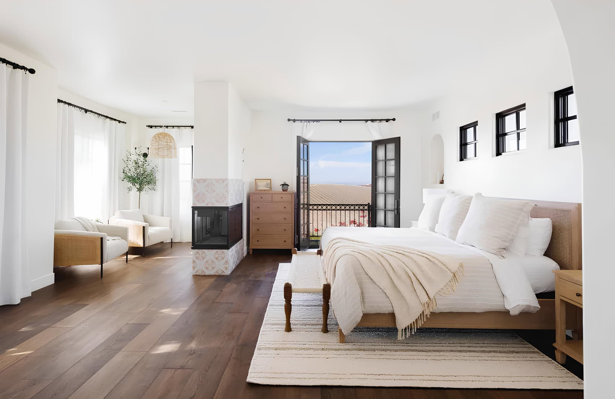 Mediterranean Bedroom San Luis Obispo Rustic Mediterranean bedroom with exposed beams and clean design lines.