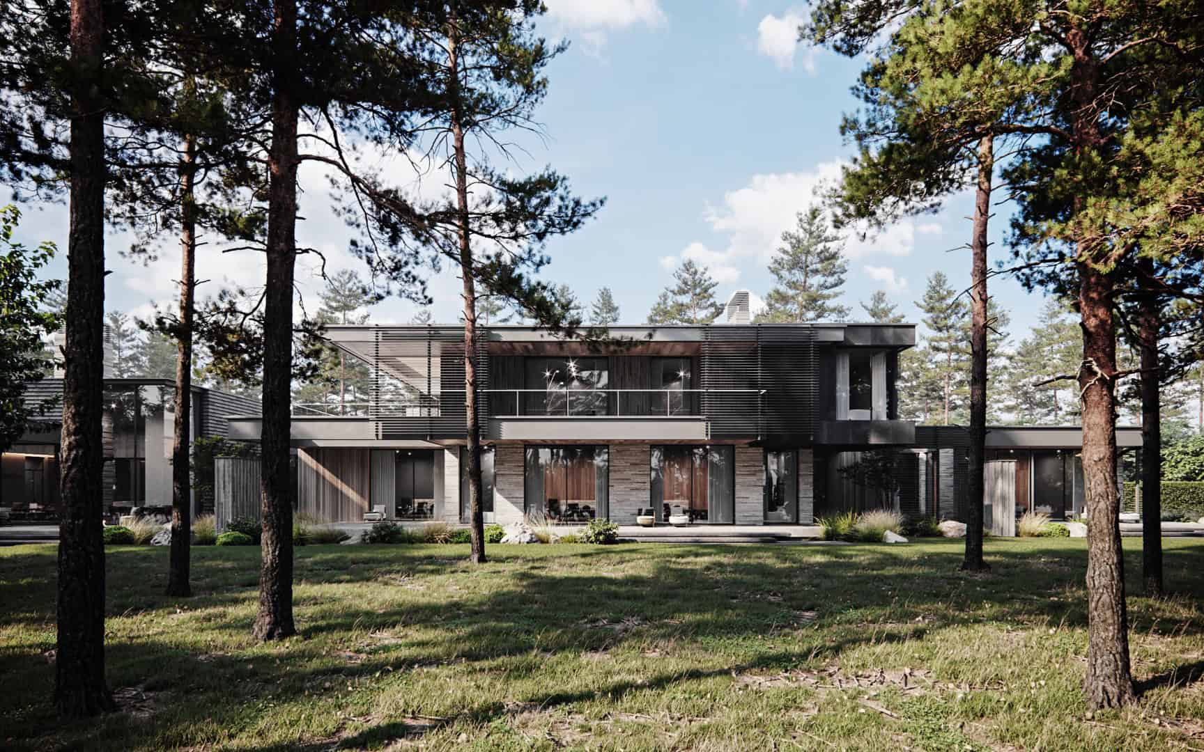 Modern contemporary house architecture with large glass windows and natural wooden exterior in a forest setting.