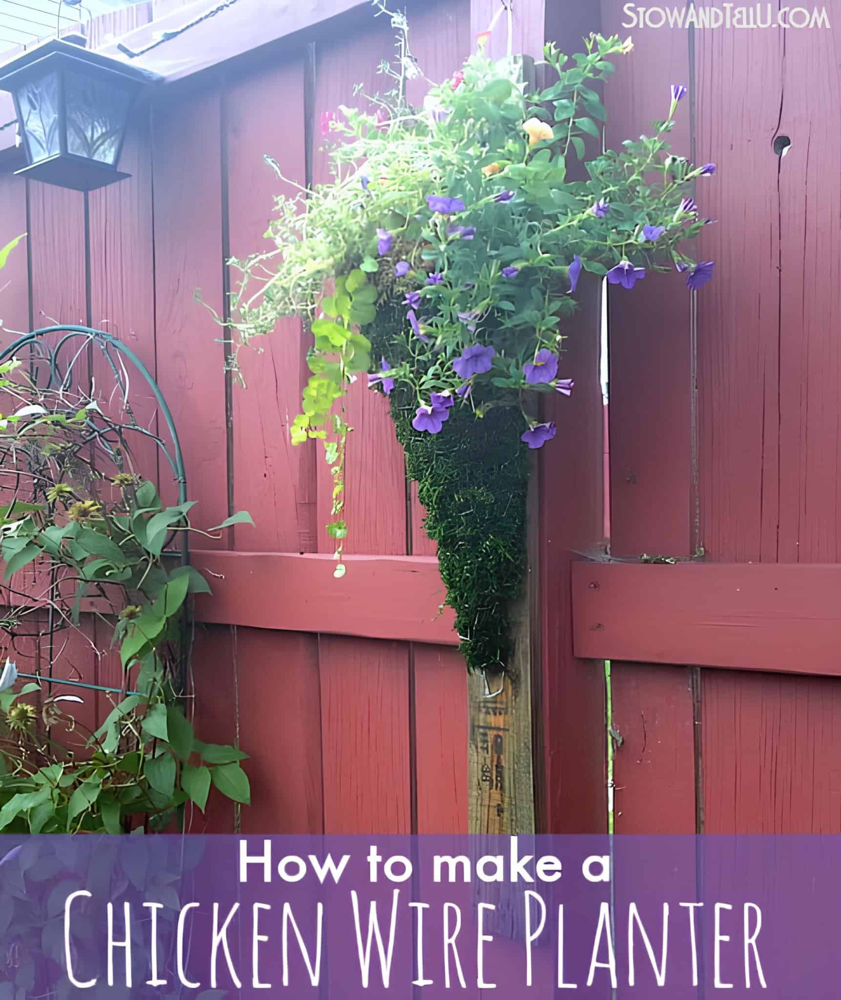 Cone-shaped flower planter made from chicken wire and moss