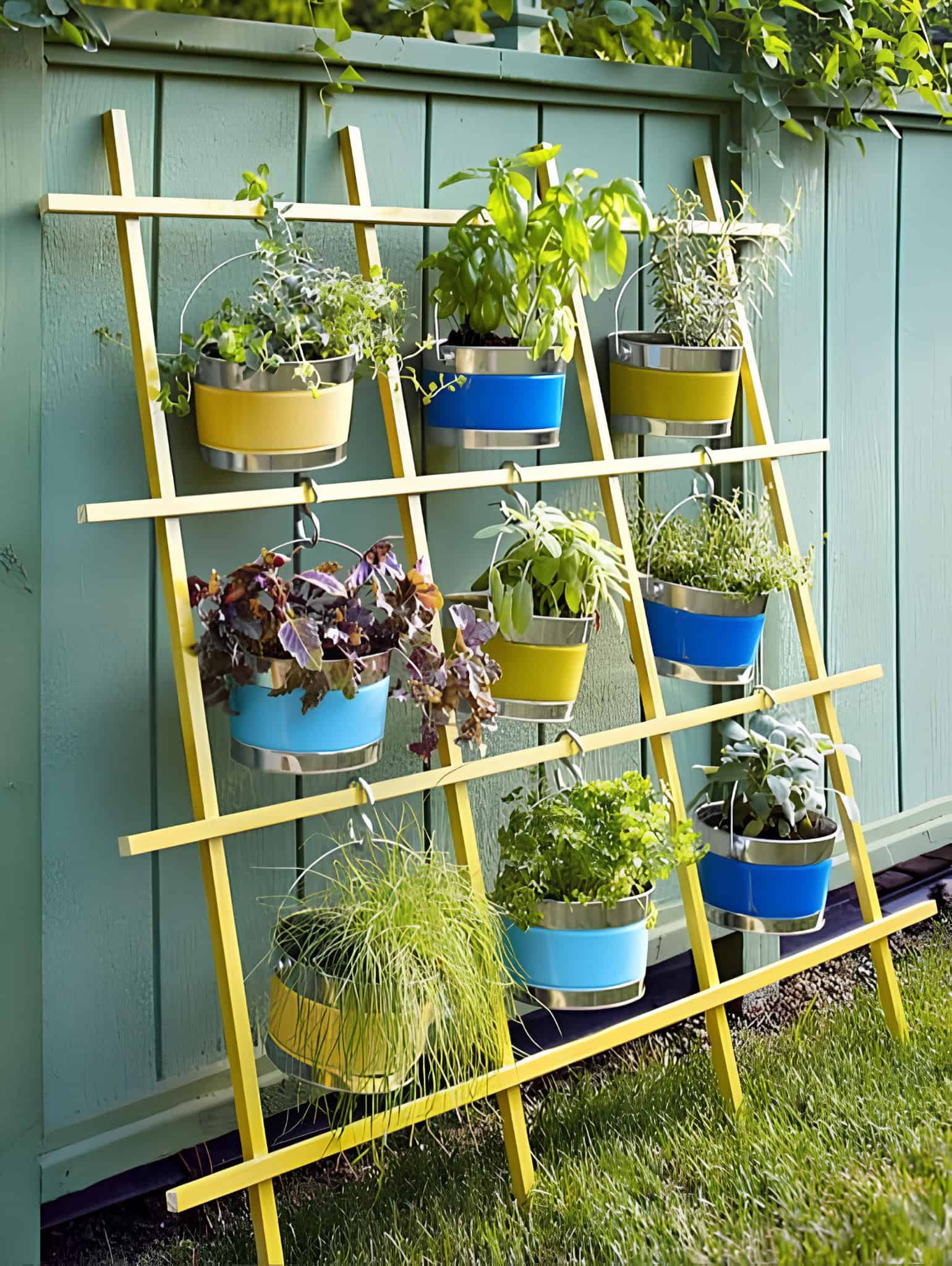 Yellow ladder stand with metal buckets filled with herbs and greens