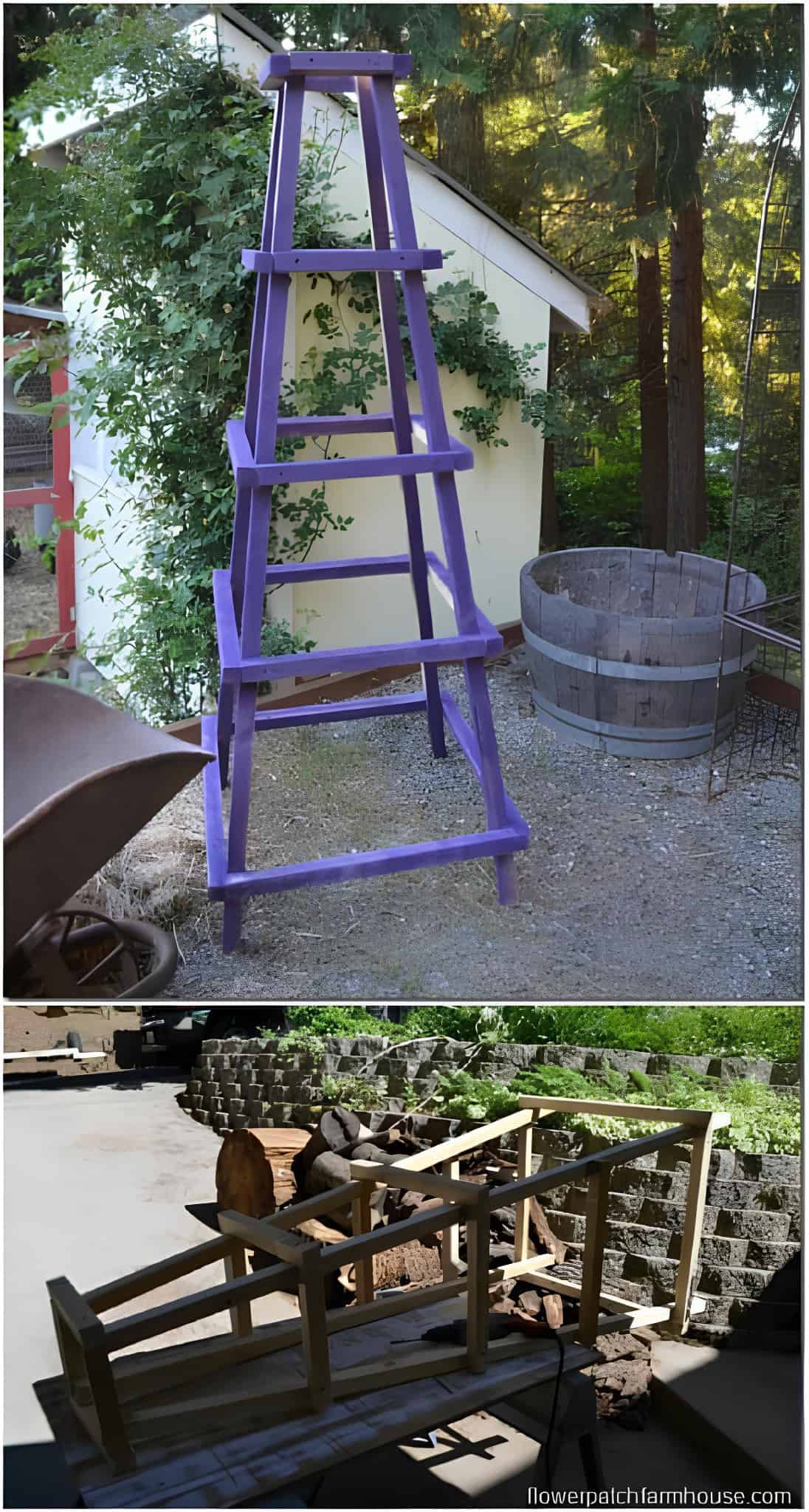 Purple DIY garden stand for potted plants, made from repurposed wood