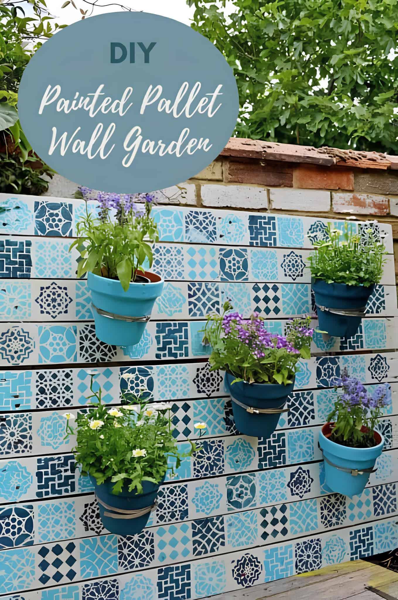 Painted pallet wall with blue pattern tiles and mounted flower pots