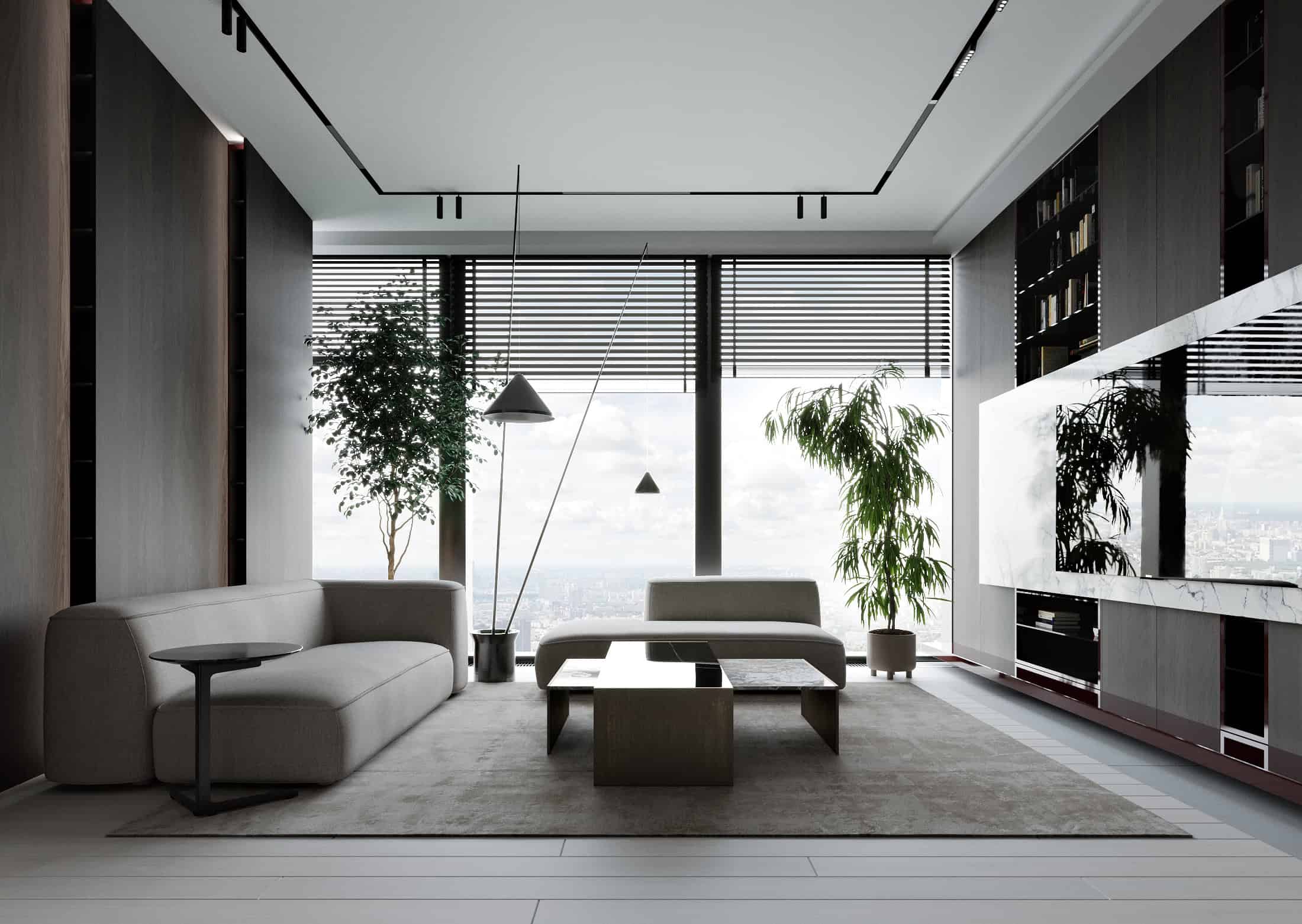 Modern contemporary living room with large windows, minimalist furniture, and indoor plants showcasing sleek interior design and architectural style.