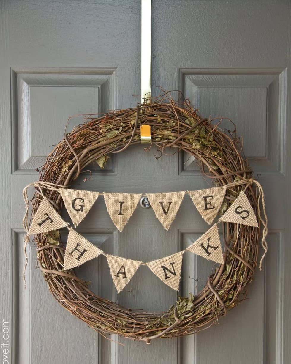 Thanksgiving Wreath with Burlap Bunting Thanksgiving Wreath with Burlap Bunting