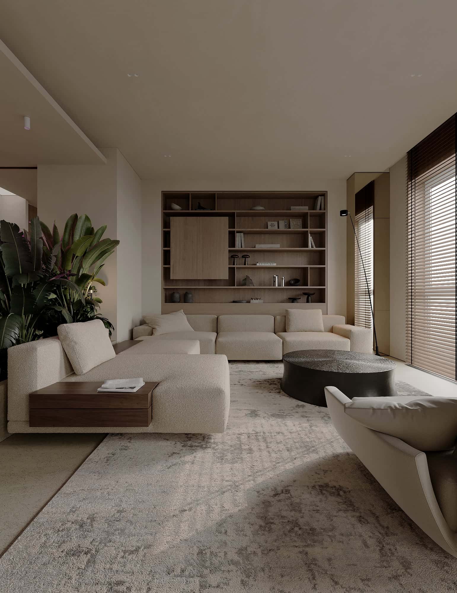 Elegant modern living room interior with neutral tones, contemporary furniture, large windows with wooden blinds, and stylish shelving for minimalist home design.