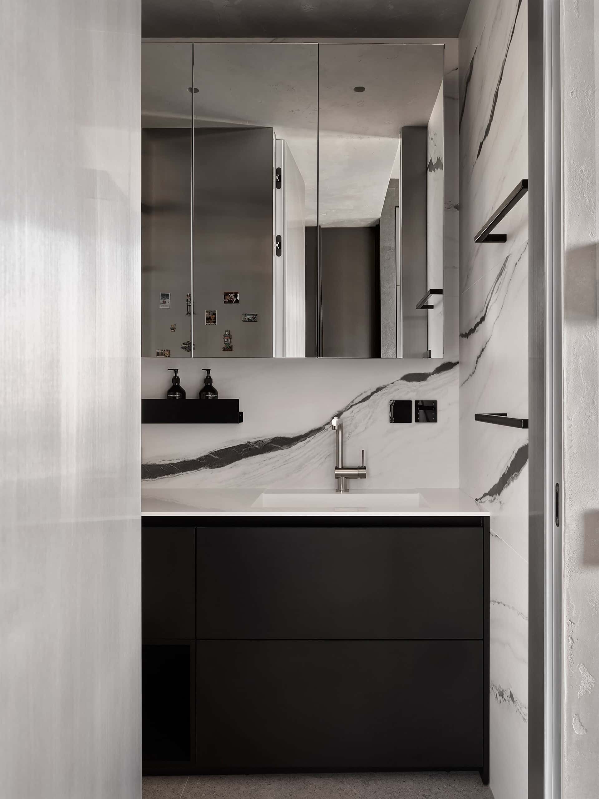 Tough Character Apartment — View 44 Tough Character Apartment — portrait interior view 44, bar with ribbed glass