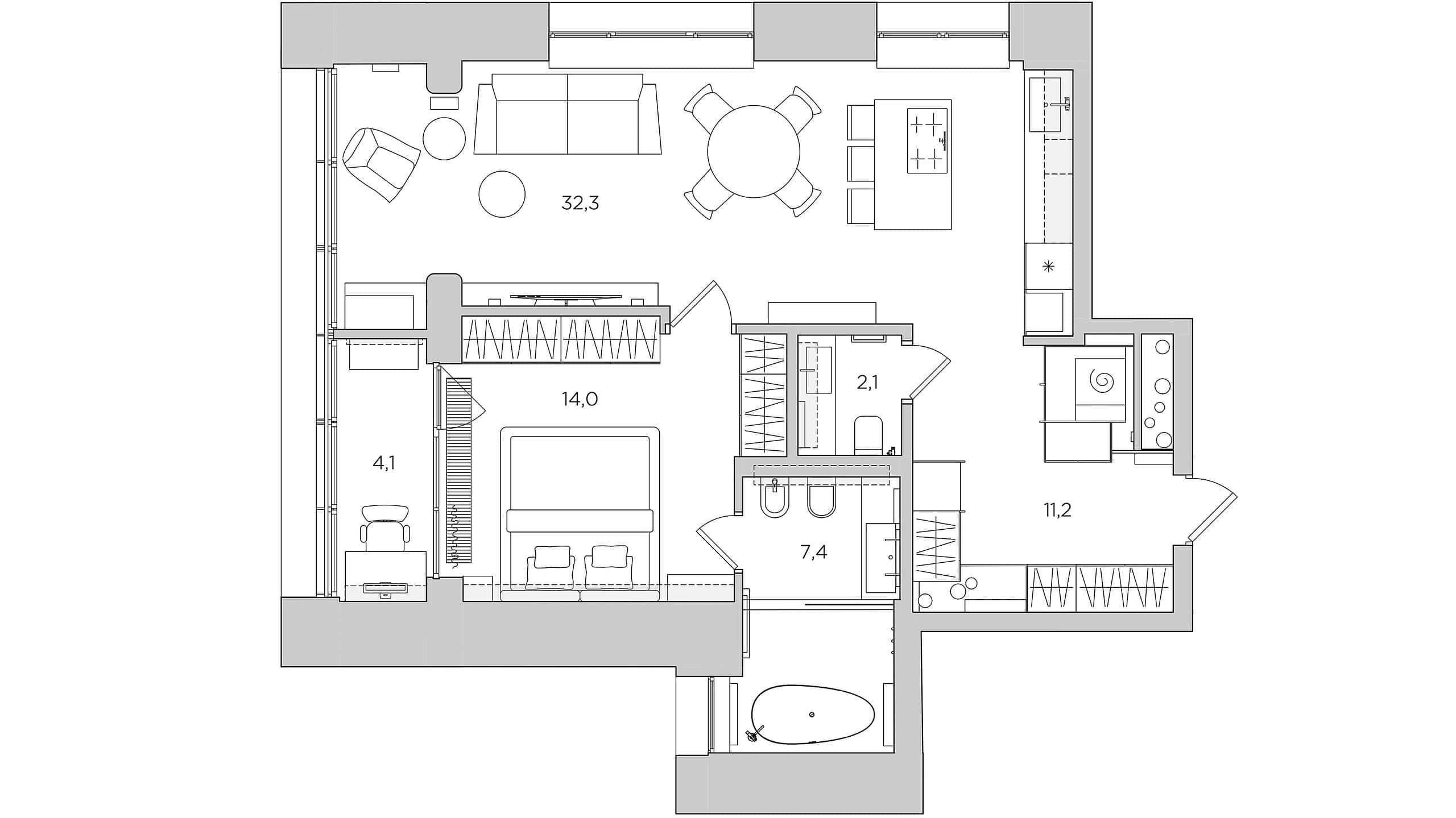 After Plan — Tough Character Apartment Tough Character Apartment — After floor plan with optimized layout