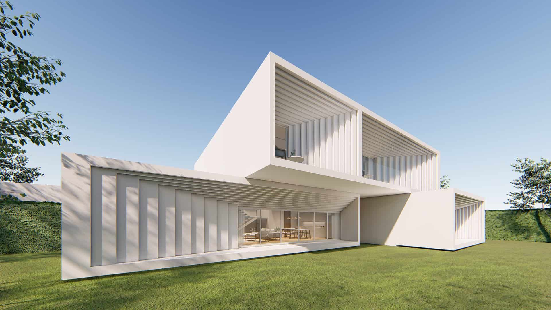 Contemporary minimalist white house with large glass windows and unique angular design, modern architecture with open living spaces and clean lines.