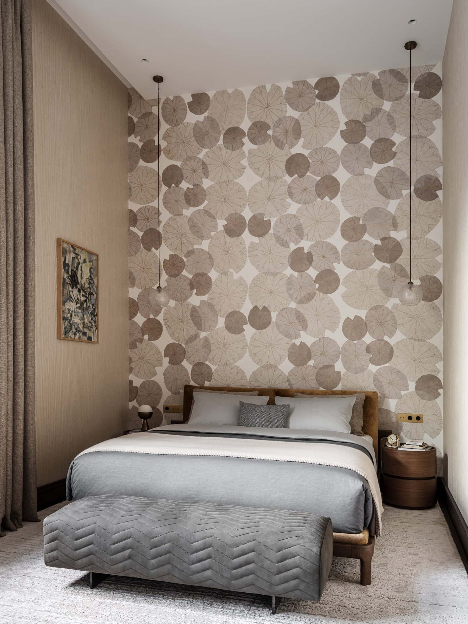 Accent Wall Bedroom with Abstract Pattern Stylish bedroom featuring a geometric abstract wallpaper behind the bed.