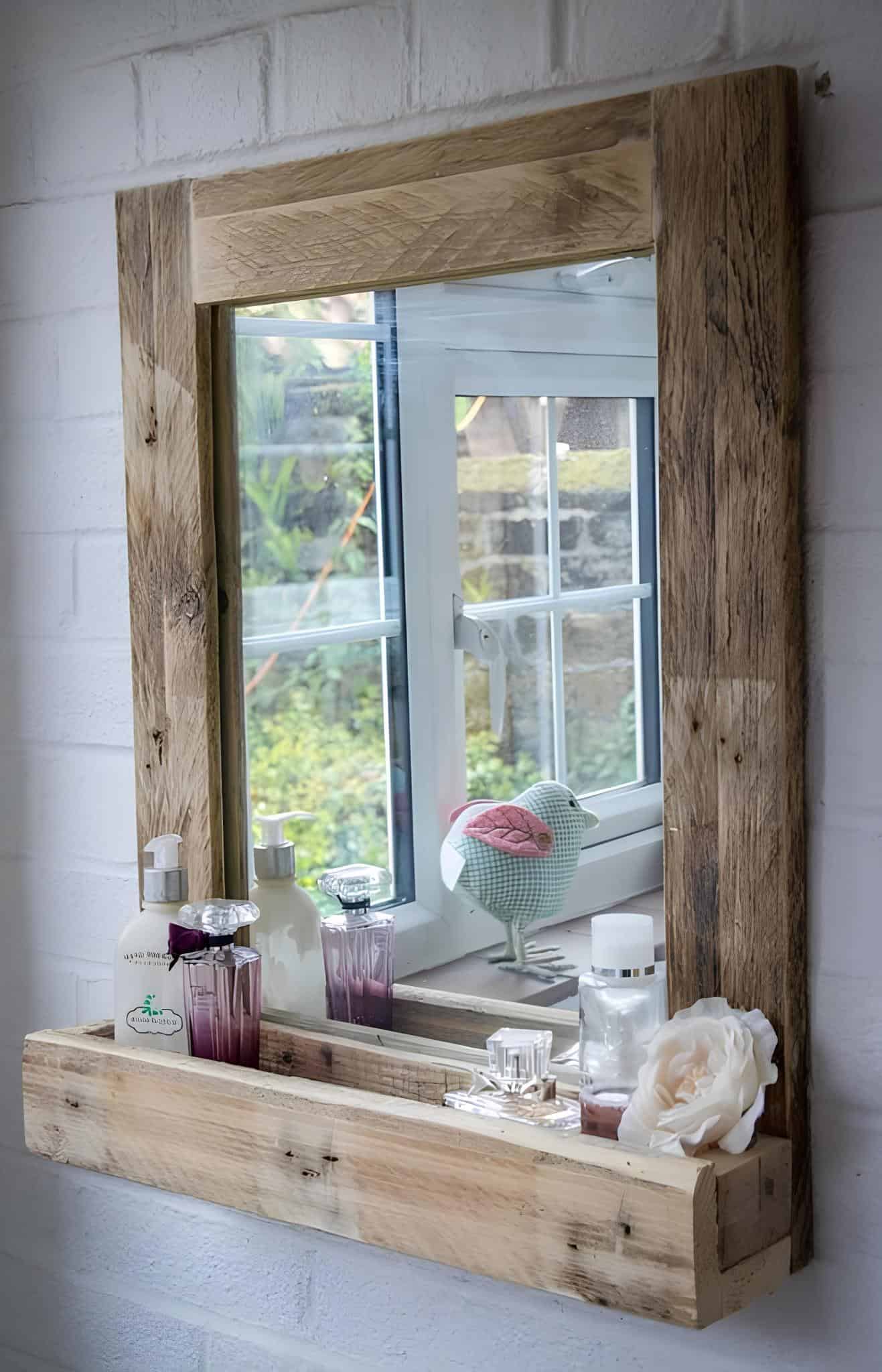 Rustic mirror with shelf frame made from pallet wood