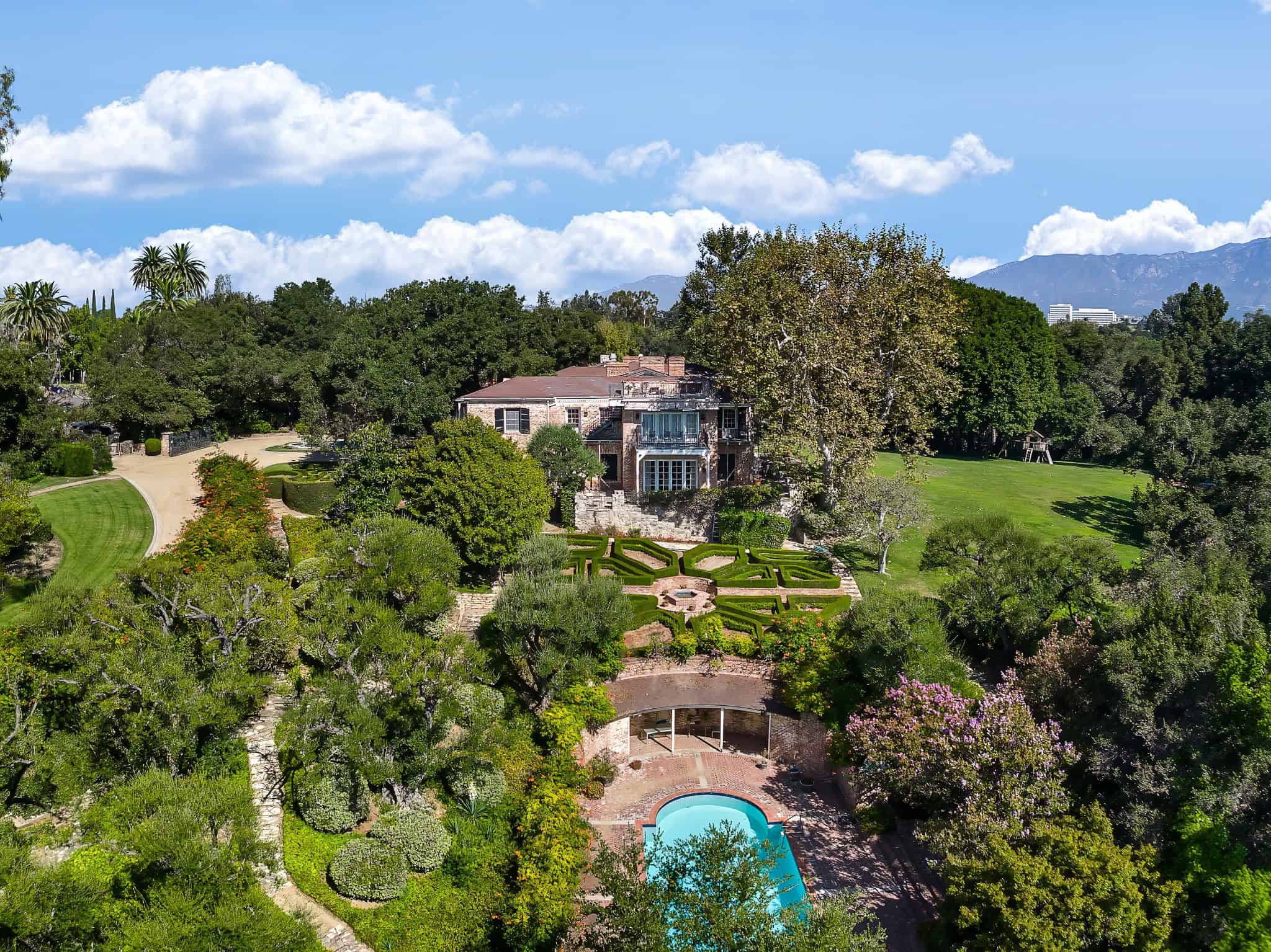 Bauer Estate Overlook Topiary Garden Aerial view of Bauer Estate and topiary garden with distant mountain views.