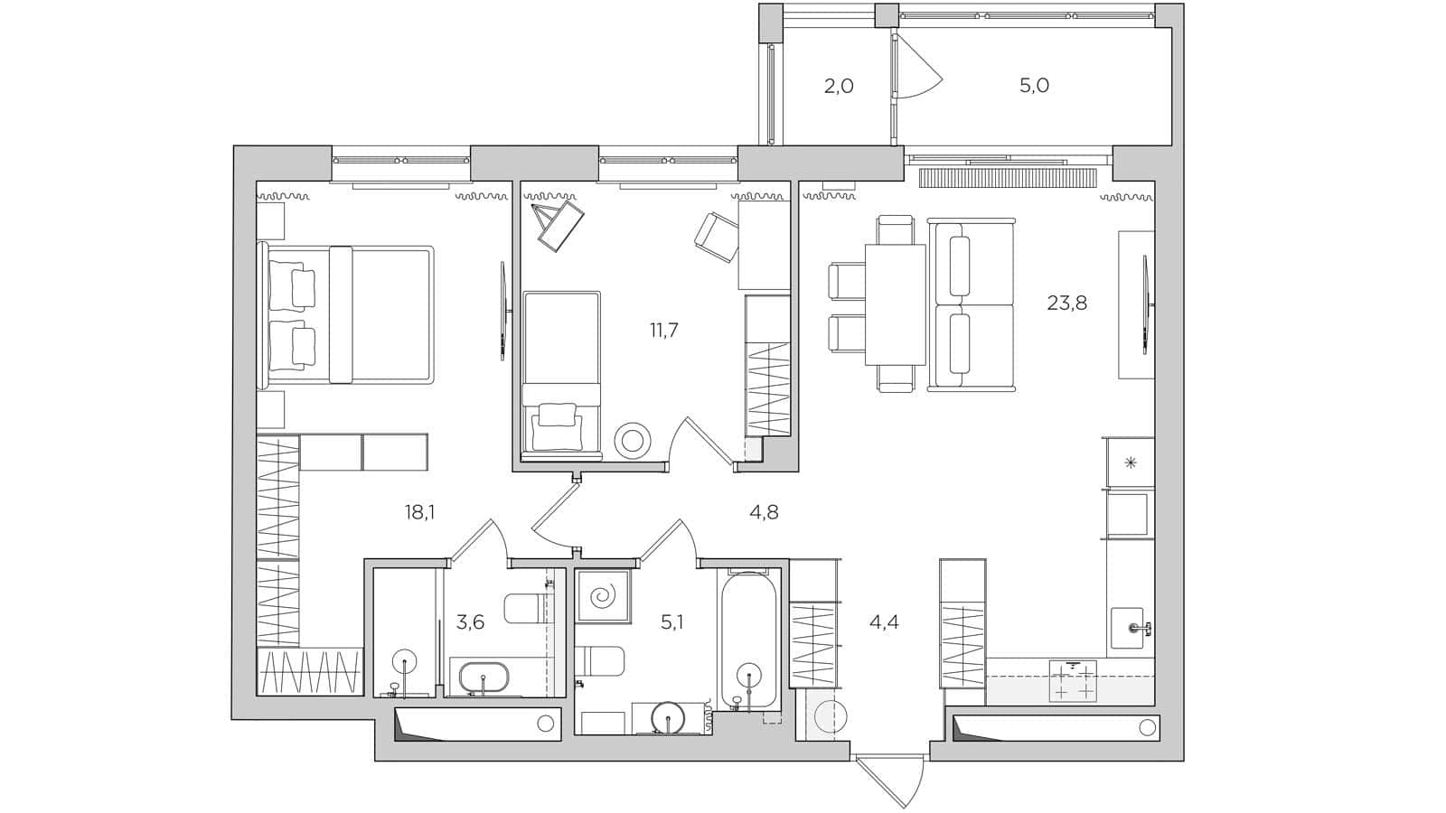 Beige Apartment Floor Plan After Renovation Updated floor plan of the 79 m² beige apartment featuring improved spatial layout.
