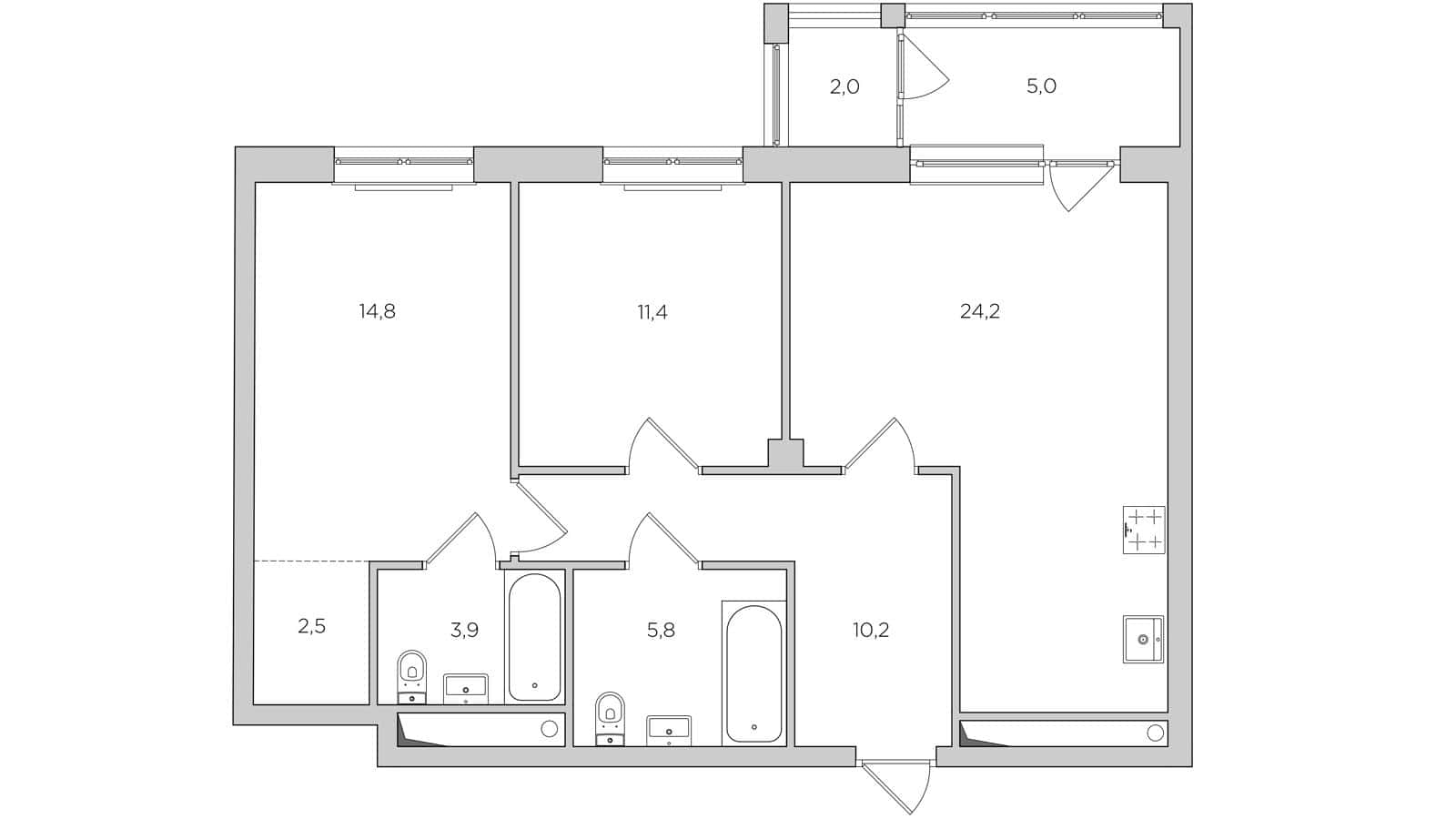 Beige Apartment Floor Plan Before Renovation Original floor plan layout of the 79 m² beige apartment prior to renovation.