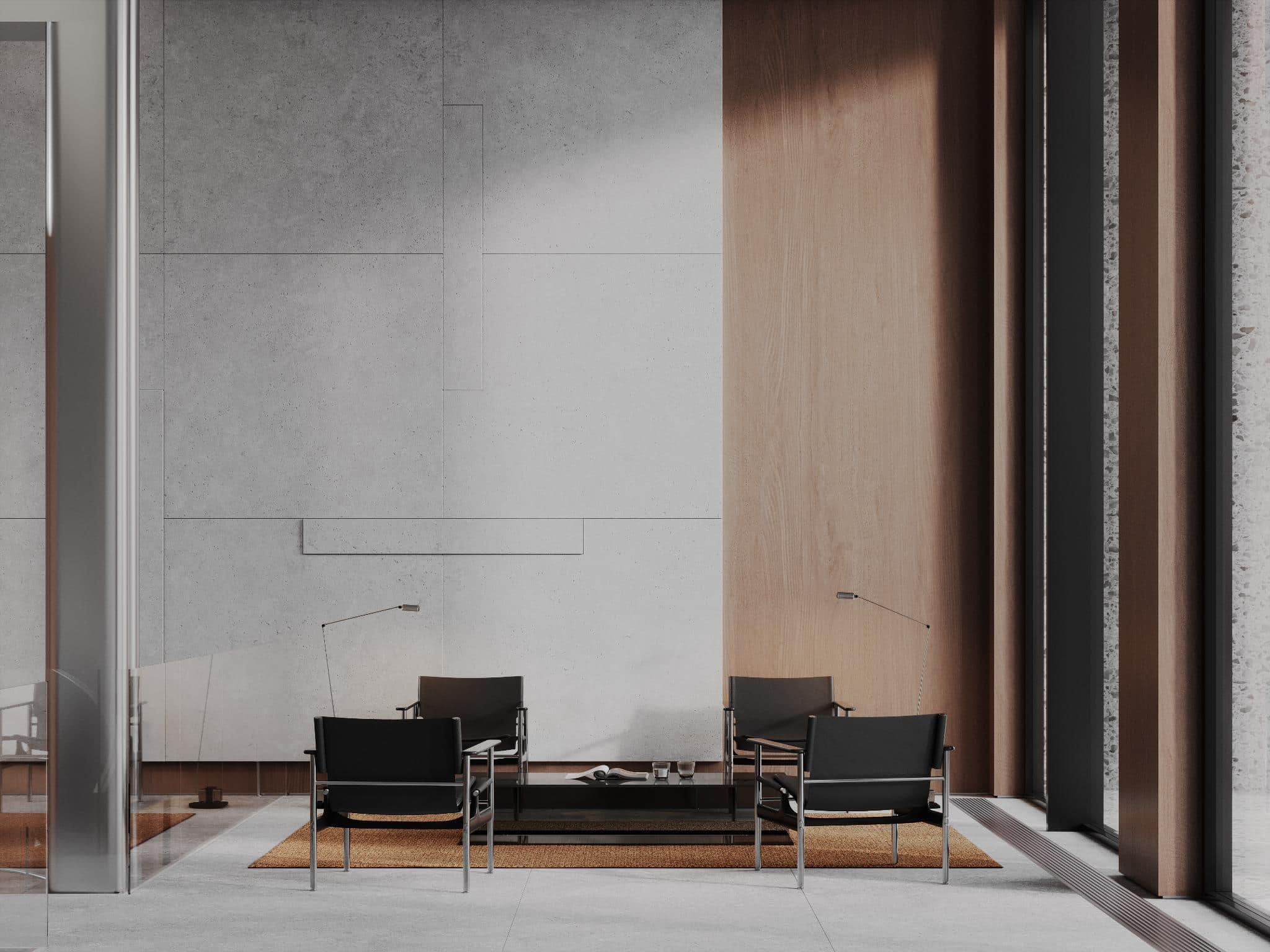 Black Chair Lounge Corner in Minimal Lobby Minimalist lobby corner with black chairs, glass table, and textured concrete walls.