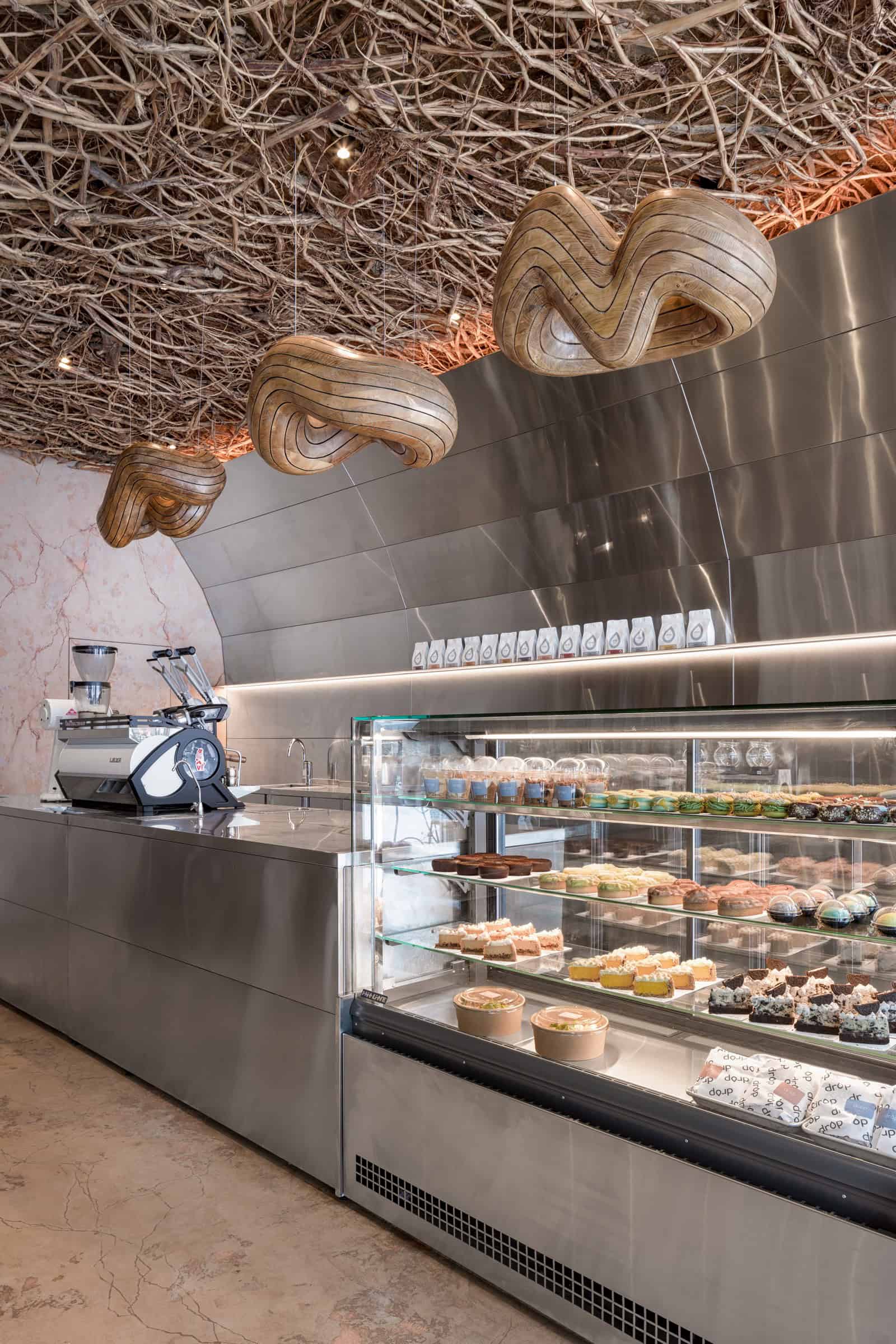 Coffee Shop Kovel Dessert Display Closeup Closeup of display case with colorful pastries and desserts in a modern coffee bar