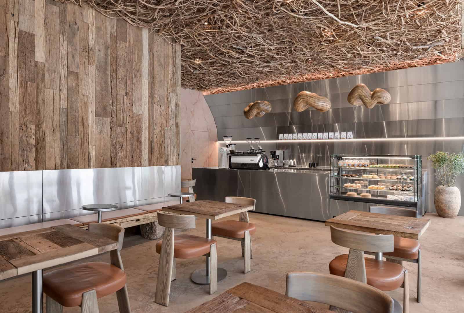 Coffee Shop Kovel Overview Organic Design Overview of coffee shop interior with organic ceiling and stainless steel finishes
