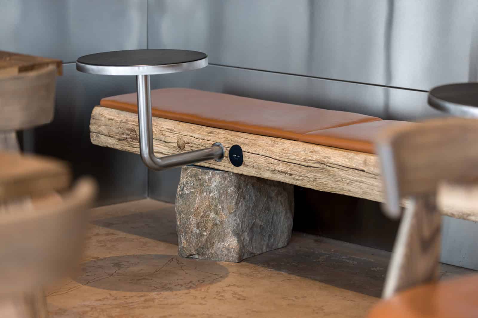 Coffee Shop Kovel Rustic Stone Base Bench Rustic coffee shop bench with timber seat and stone base support