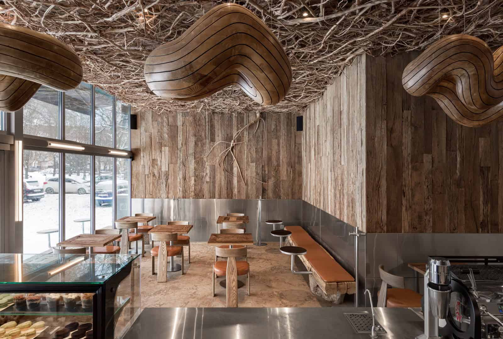 Coffee Shop Kovel Ukraine Interior Wooden Ceiling Interior of coffee shop in Kovel, Ukraine with intricate wooden ceiling structure and warm natural materials