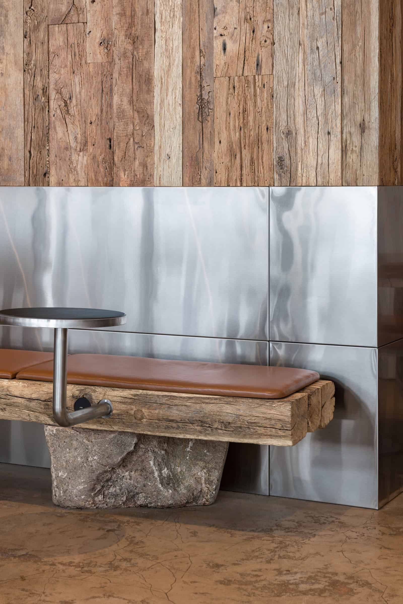 Coffee Shop Kovel Wall Bench Wood Stone Custom bench design made from wood and natural stone with leather cushions