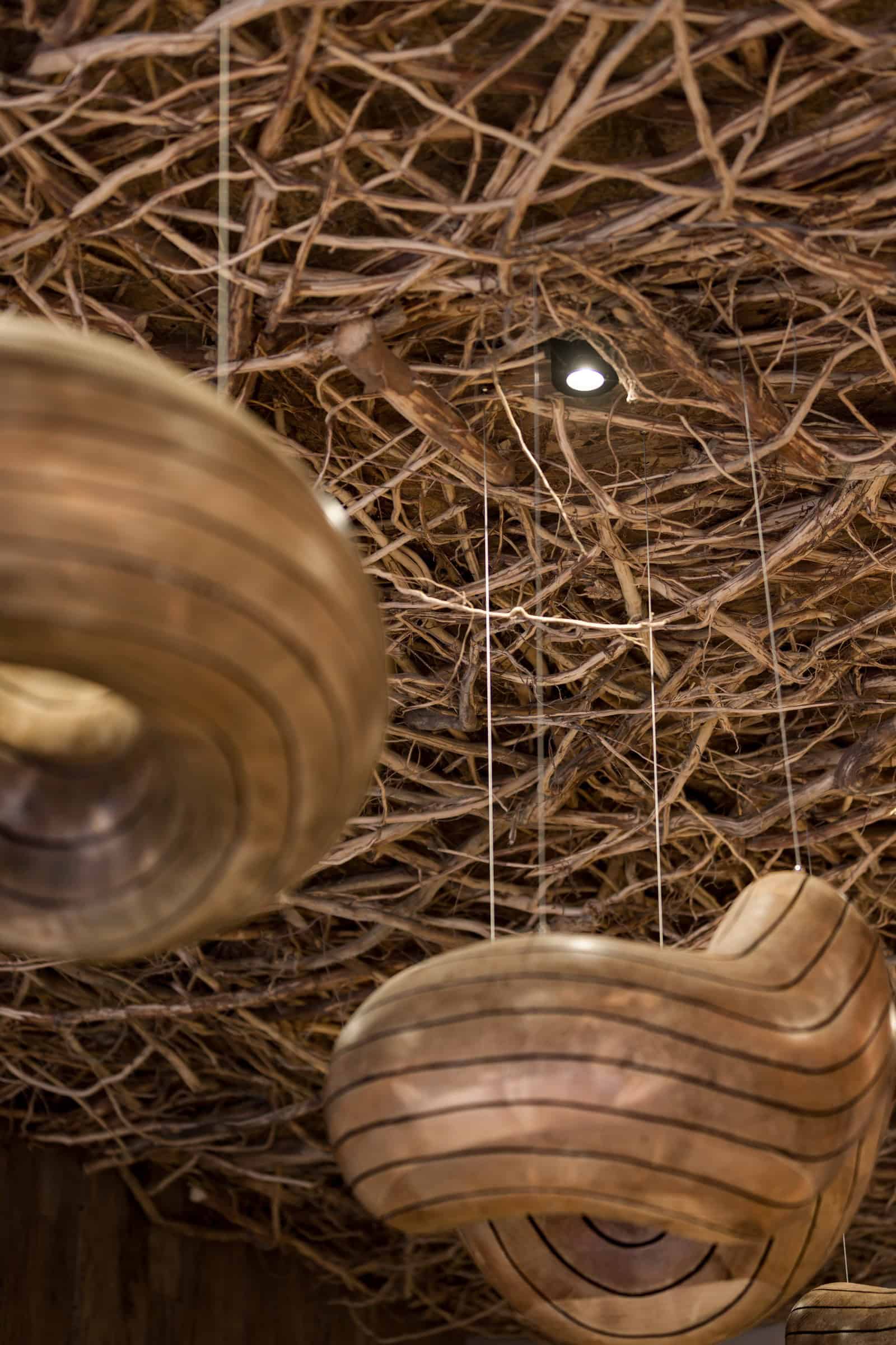 Coffee Shop Kovel Wood Ceiling Lighting View Natural branch ceiling with embedded lighting and suspended wood lamps