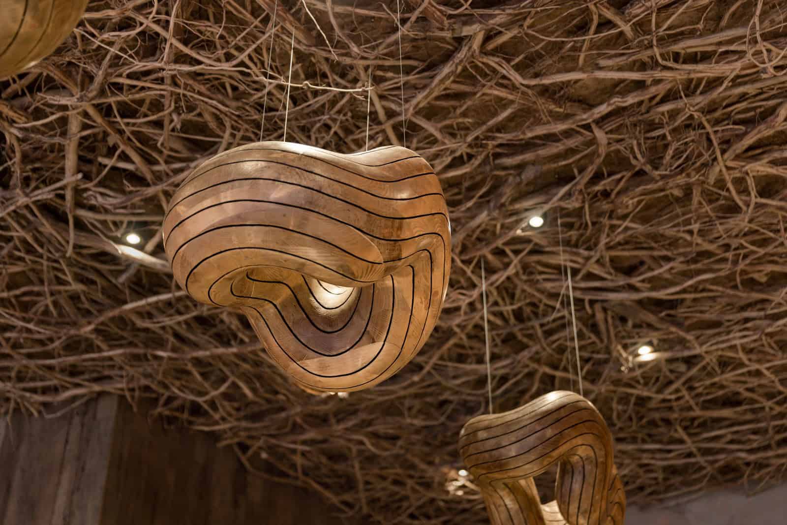 Coffee Shop Kovel Wooden Lamp Twig Ceiling Curved wooden pendant light with intricate twig ceiling background in coffee shop