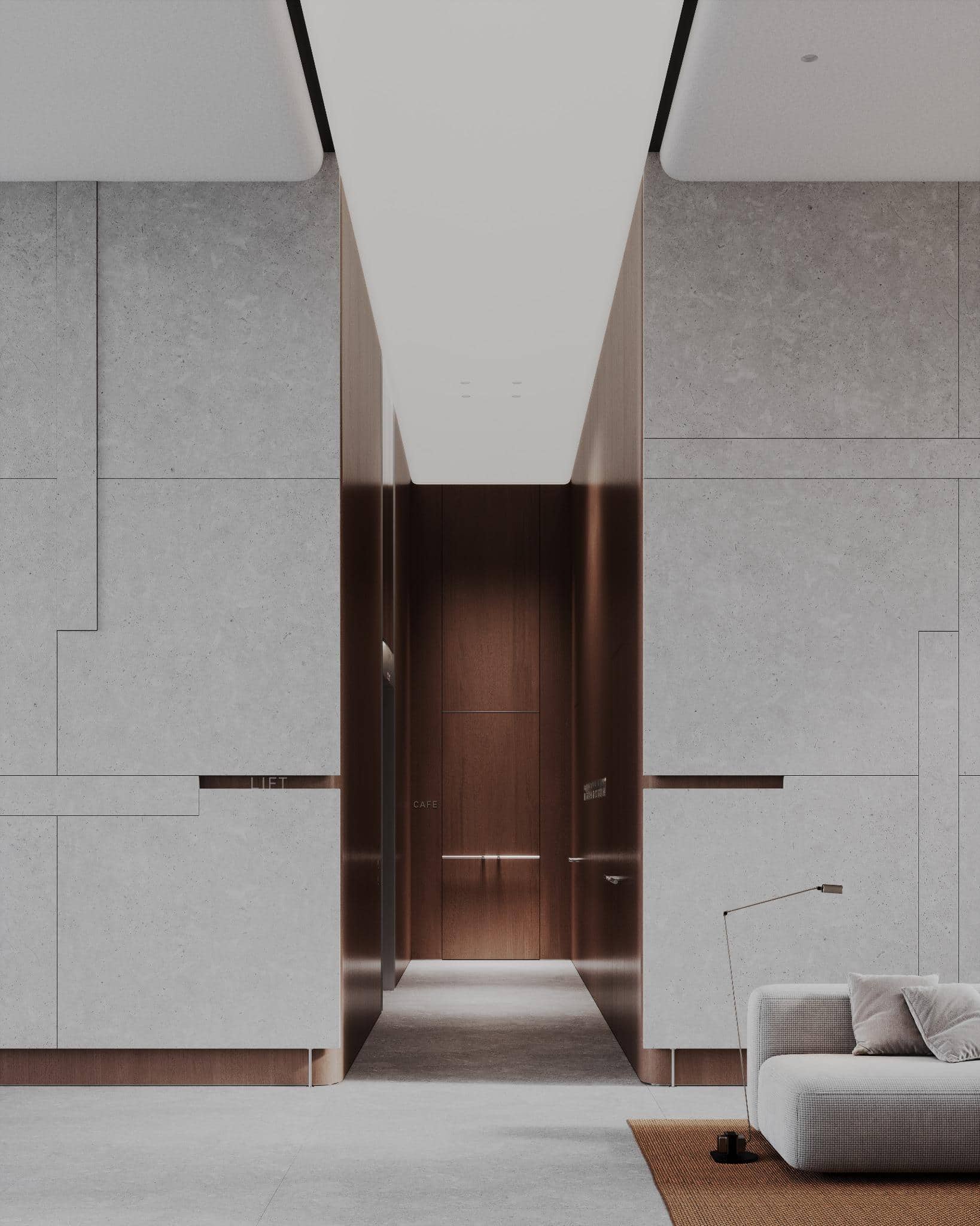 Corridor View with Wooden Walls and Soft Lighting Contemporary corridor lined with wood panels and ceiling-integrated soft lighting.