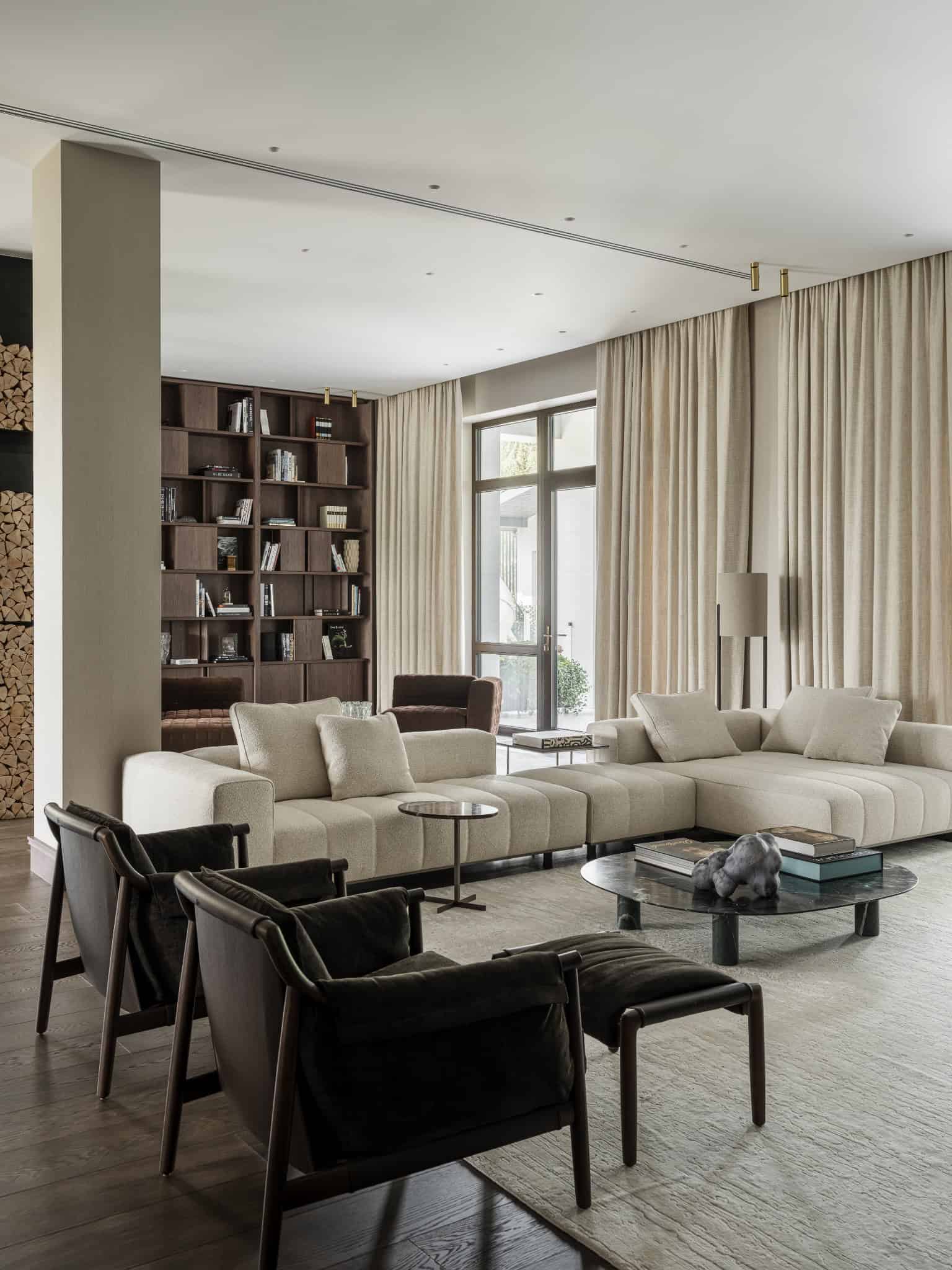 Cozy Living Room with Modular Sofa Comfortable modern living room with modular beige sofa and wooden flooring.