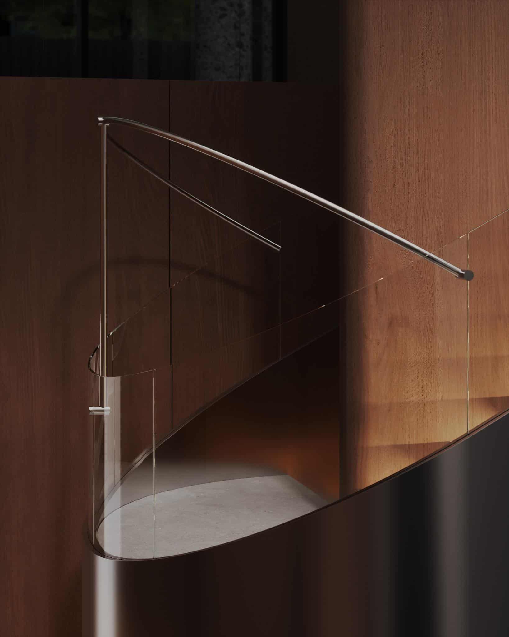 Curved Glass Balustrade Detail on Staircase Detail of a curved glass balustrade on a staircase with wood panel walls.