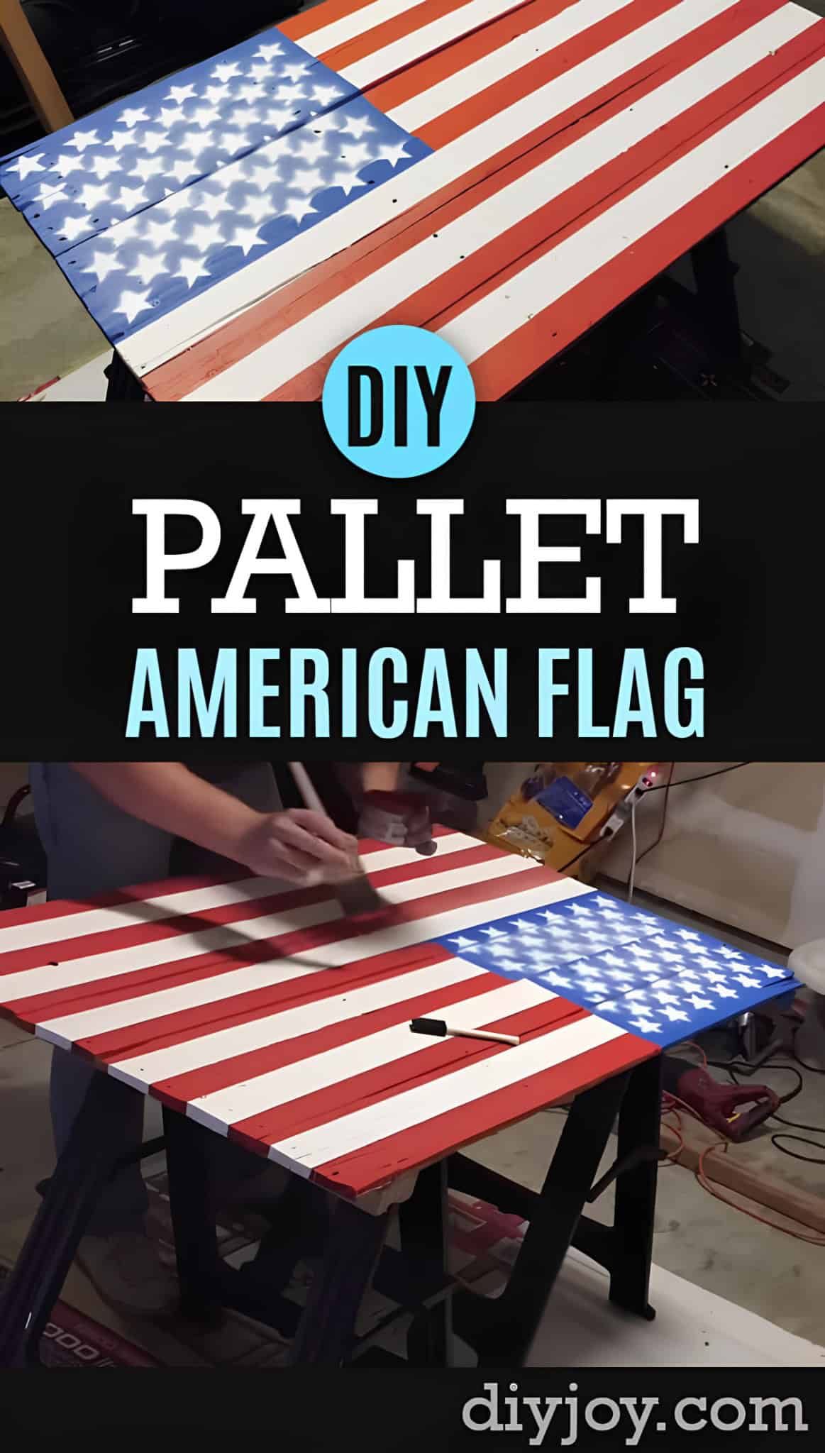 Wooden pallet painted as an American flag in progress on a workbench.