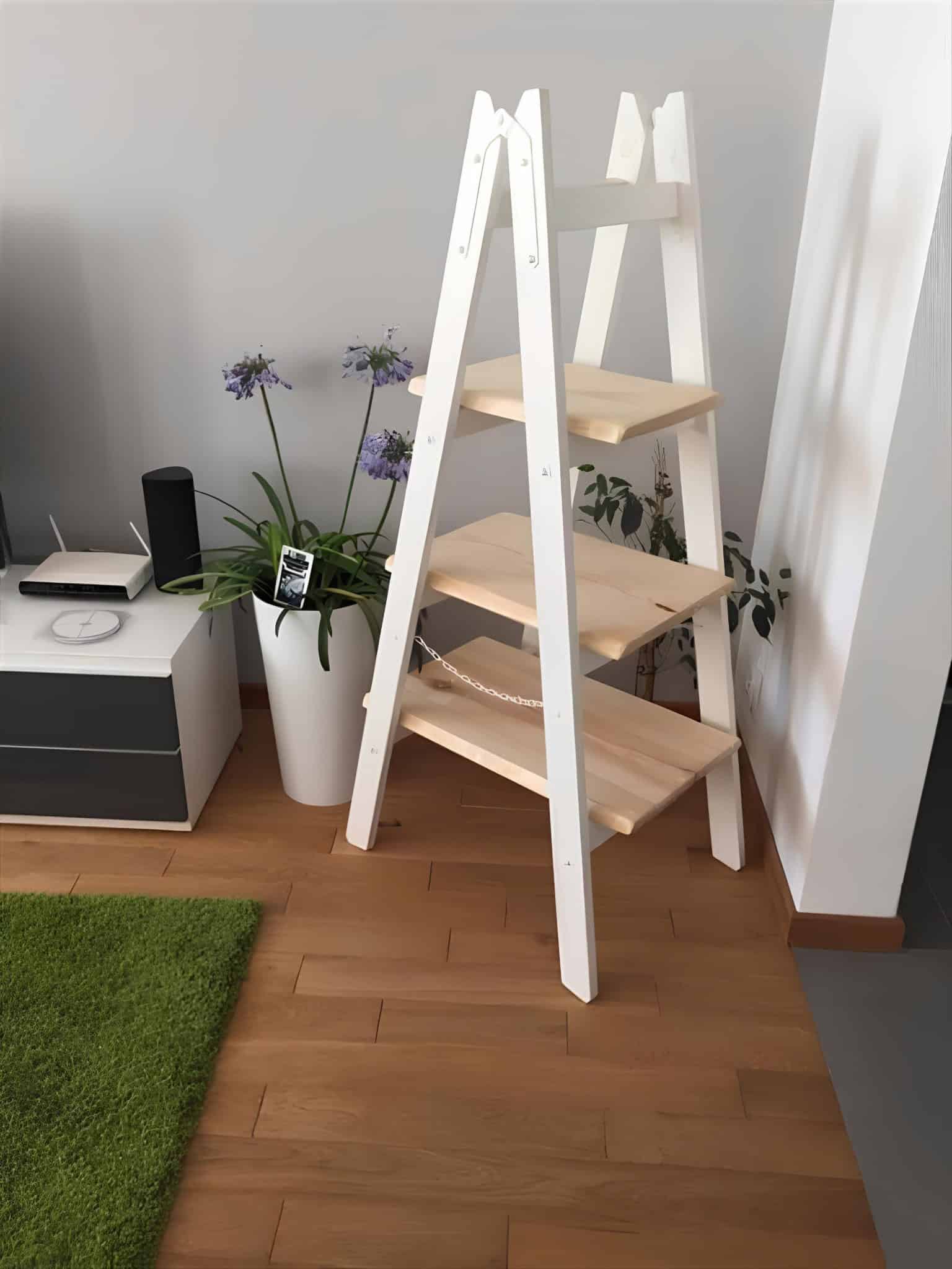 Stylish wooden ladder shelf made from pallets, perfect for indoor plant display.