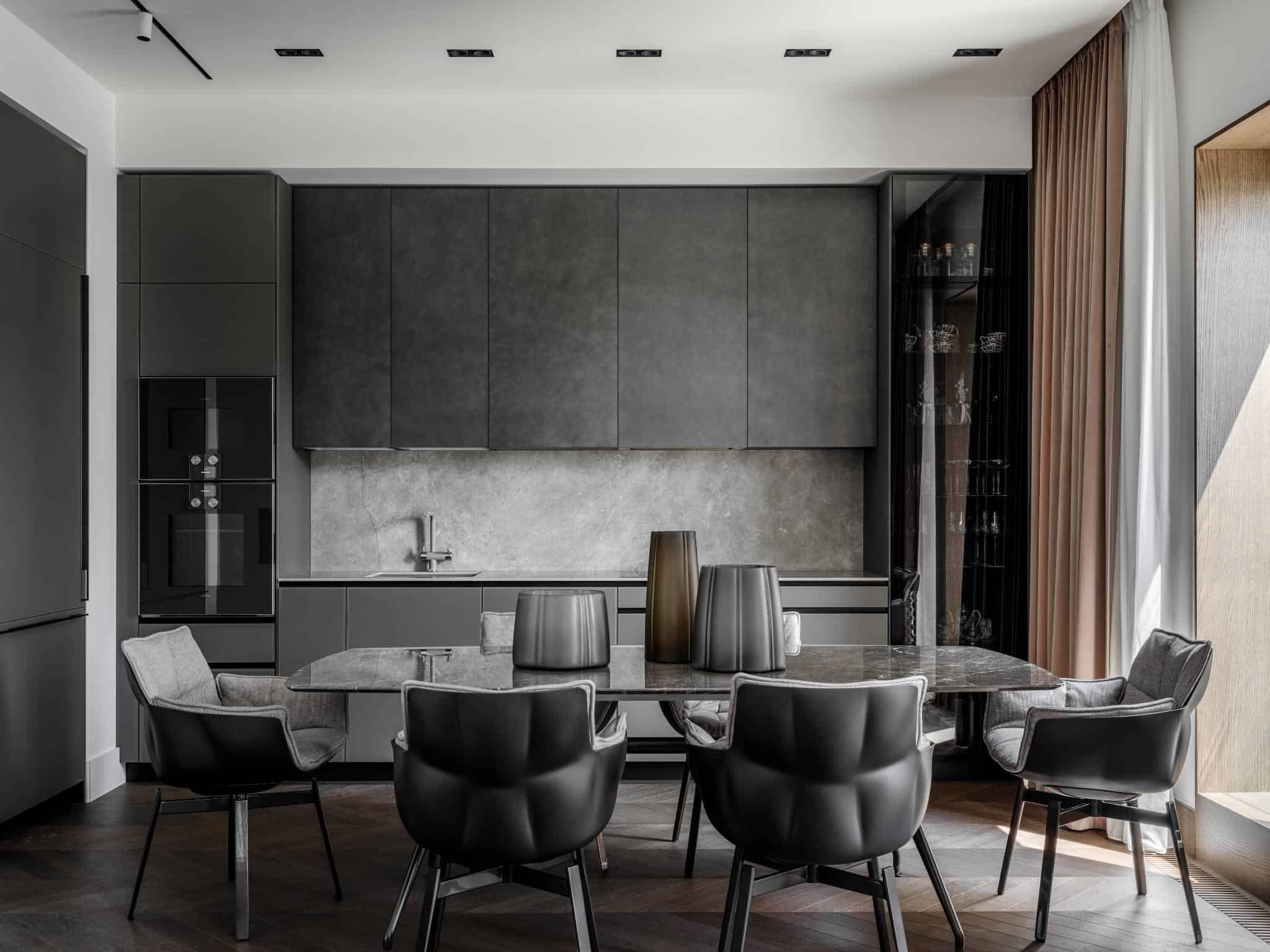 Elegant Black Dining Chairs Gray Kitchen Elegant black dining chairs and gray kitchen.