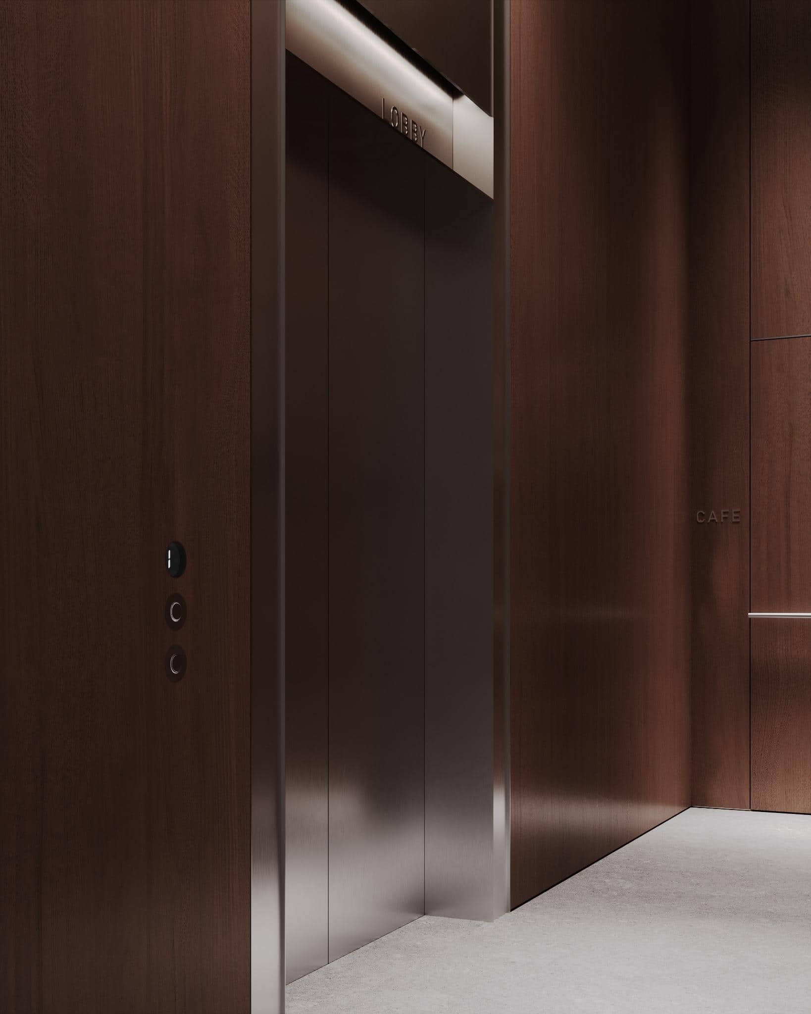 Elevator Door Detail in Modern Wood Panel Wall Angled view of lobby elevator with surrounding wooden architecture and signage.