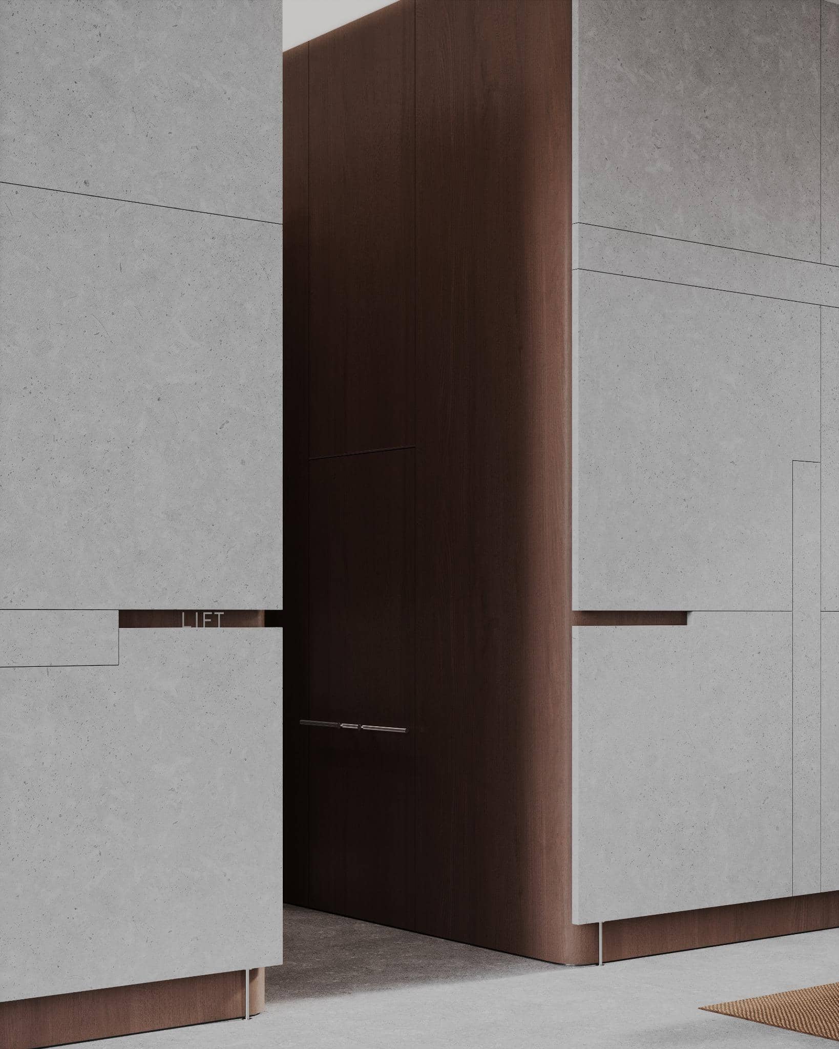 Elevator Entrance in Wood and Concrete Interior Elevator entrance nestled between warm wood panels and grey concrete walls.